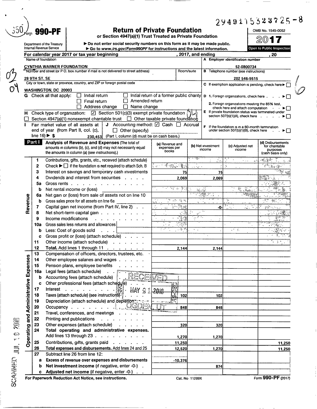 Image of first page of 2017 Form 990PF for Cynthia Warner Foundation