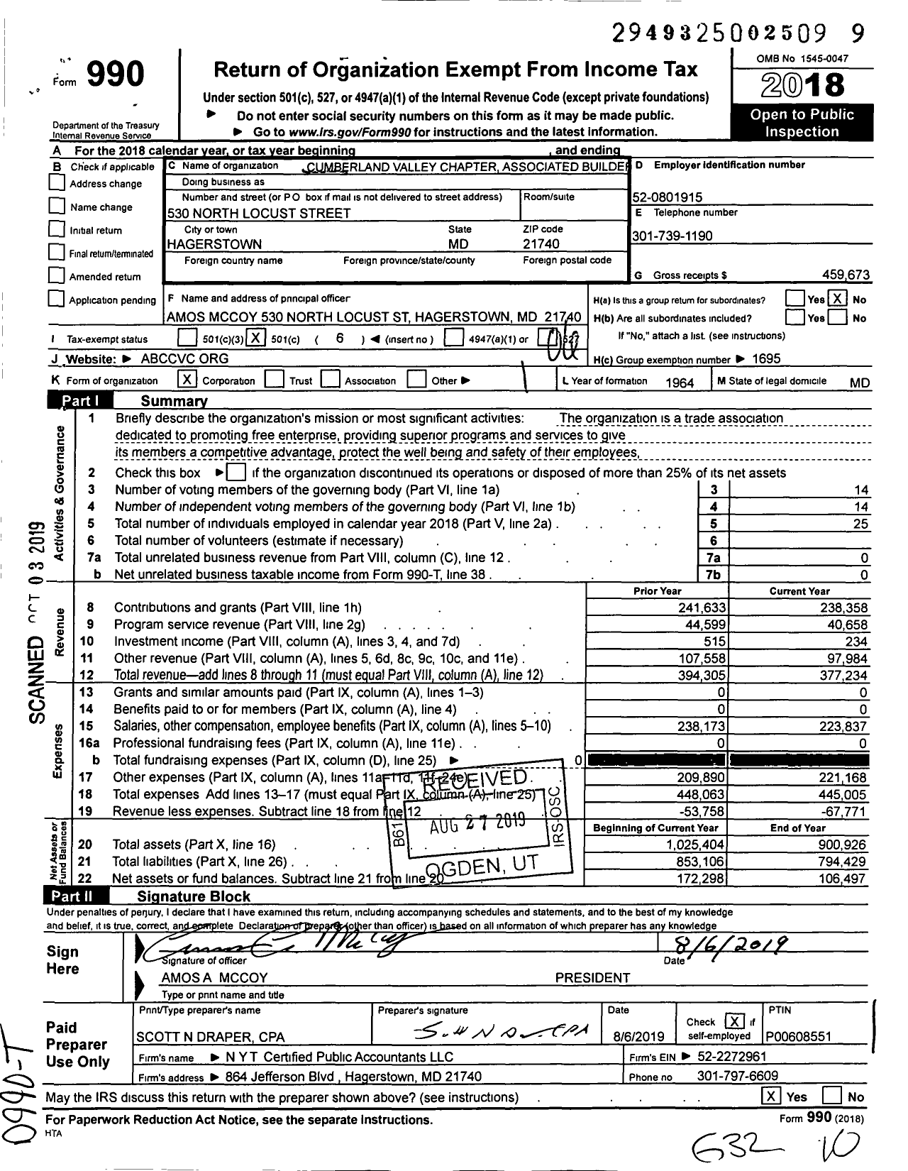 Image of first page of 2018 Form 990O for Associated Builders and Contractors - Cumberland Valley Chapter