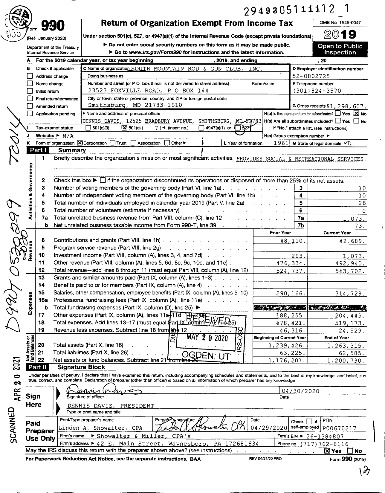 Image of first page of 2019 Form 990O for South Mountain Rod and Gun Club