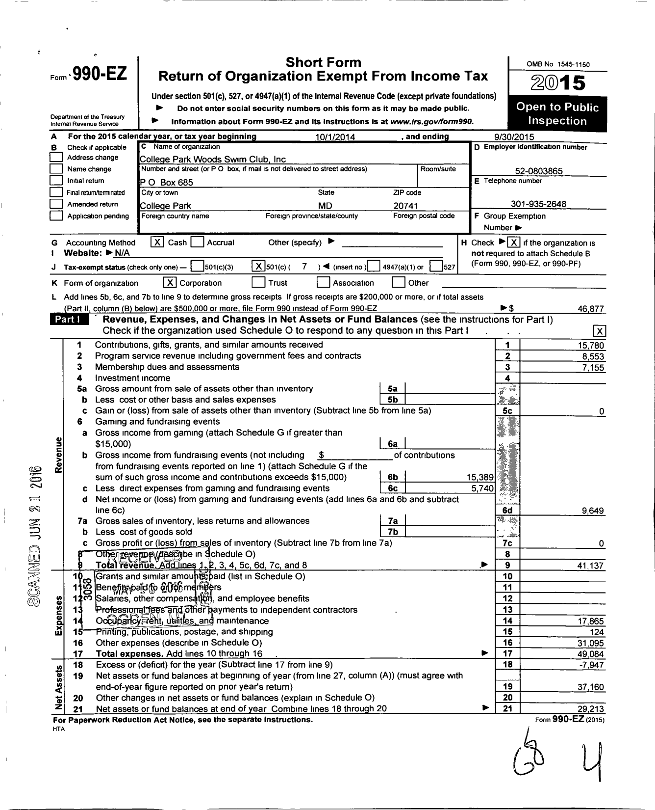 Image of first page of 2014 Form 990EO for College Park Woods Swim Club