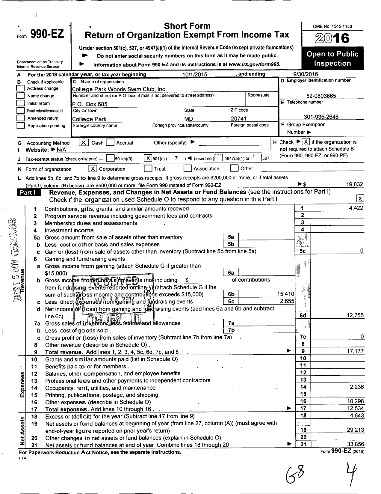 Image of first page of 2015 Form 990EO for College Park Woods Swim Club