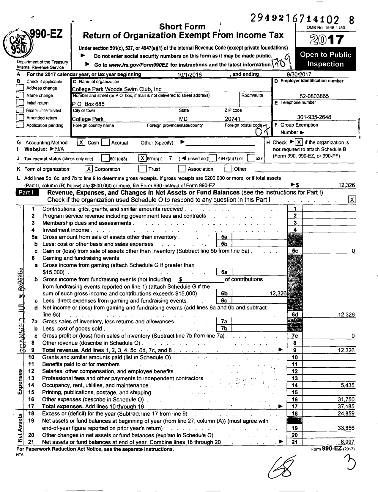 Image of first page of 2016 Form 990EO for College Park Woods Swim Club