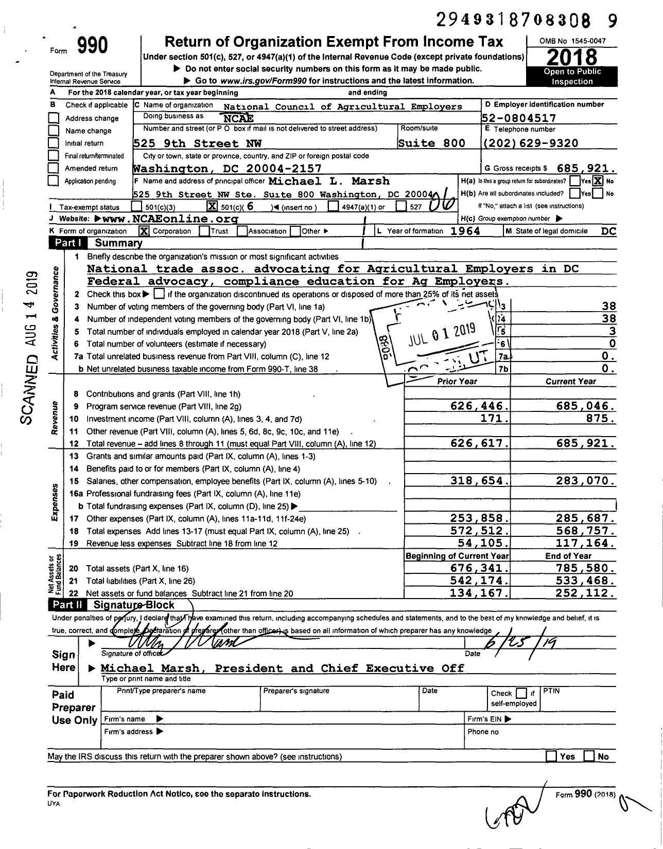 Image of first page of 2018 Form 990O for National Council of Agricultural Employers