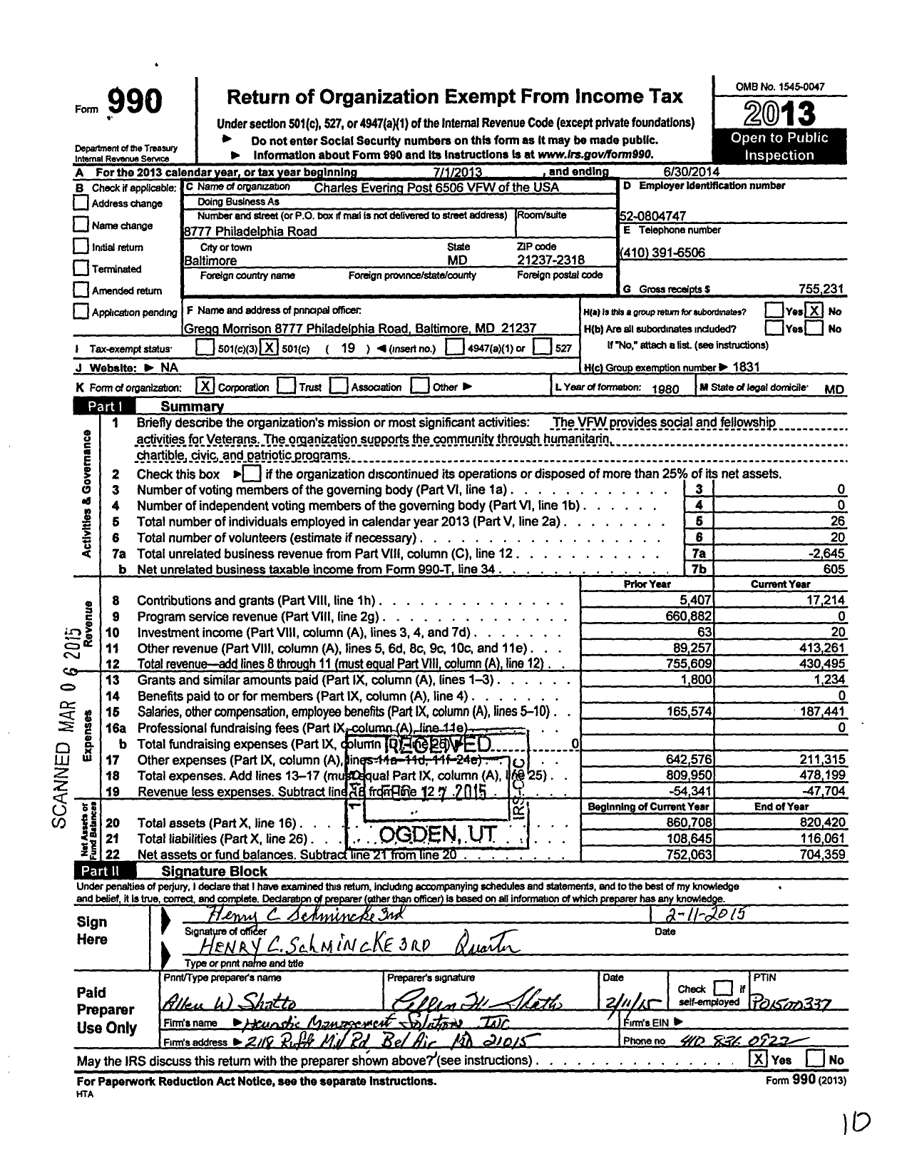 Image of first page of 2013 Form 990O for VFW Department of Maryland - 6506 Charles Evering Post