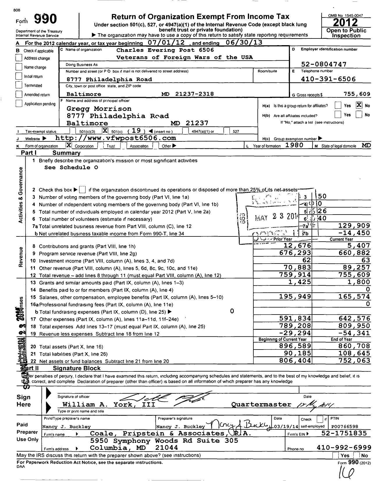 Image of first page of 2012 Form 990O for VFW Department of Maryland - 6506 Charles Evering Post