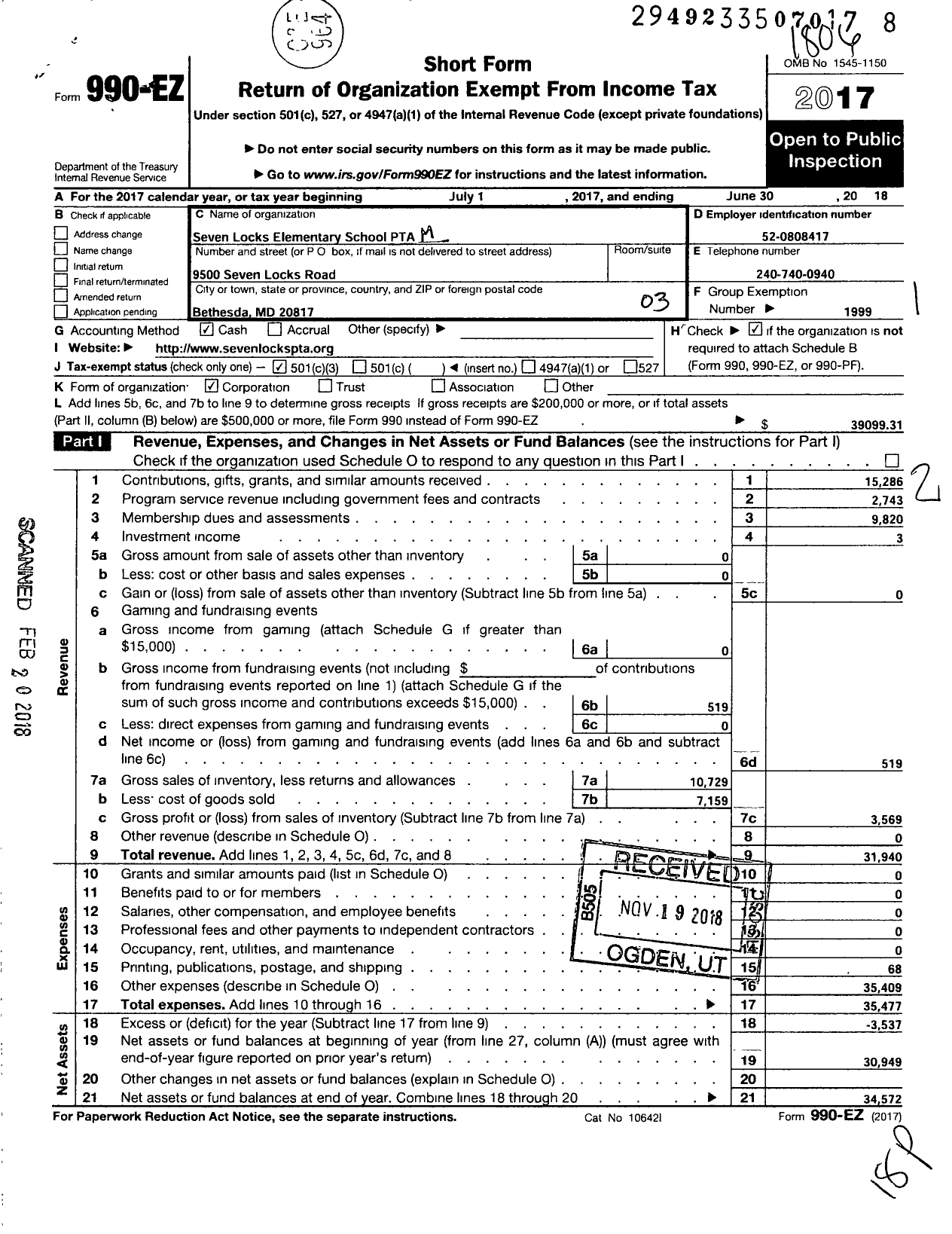 Image of first page of 2017 Form 990EZ for PTA Delaware Congress / Seven Locks Elementary School