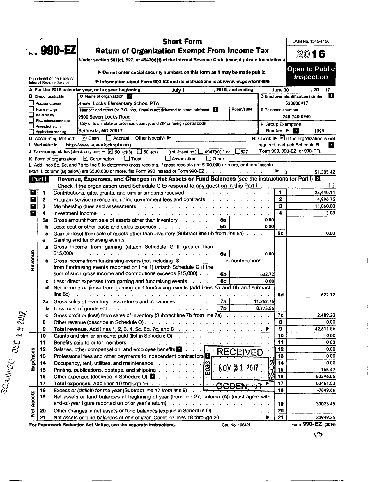 Image of first page of 2016 Form 990EZ for PTA Delaware Congress / Seven Locks Elementary School