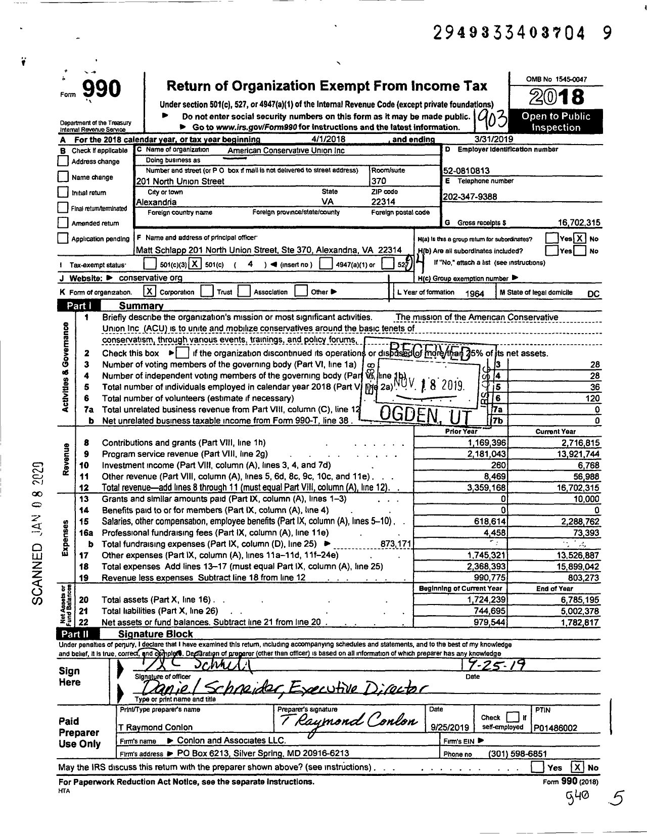 Image of first page of 2018 Form 990O for American Conservative Union