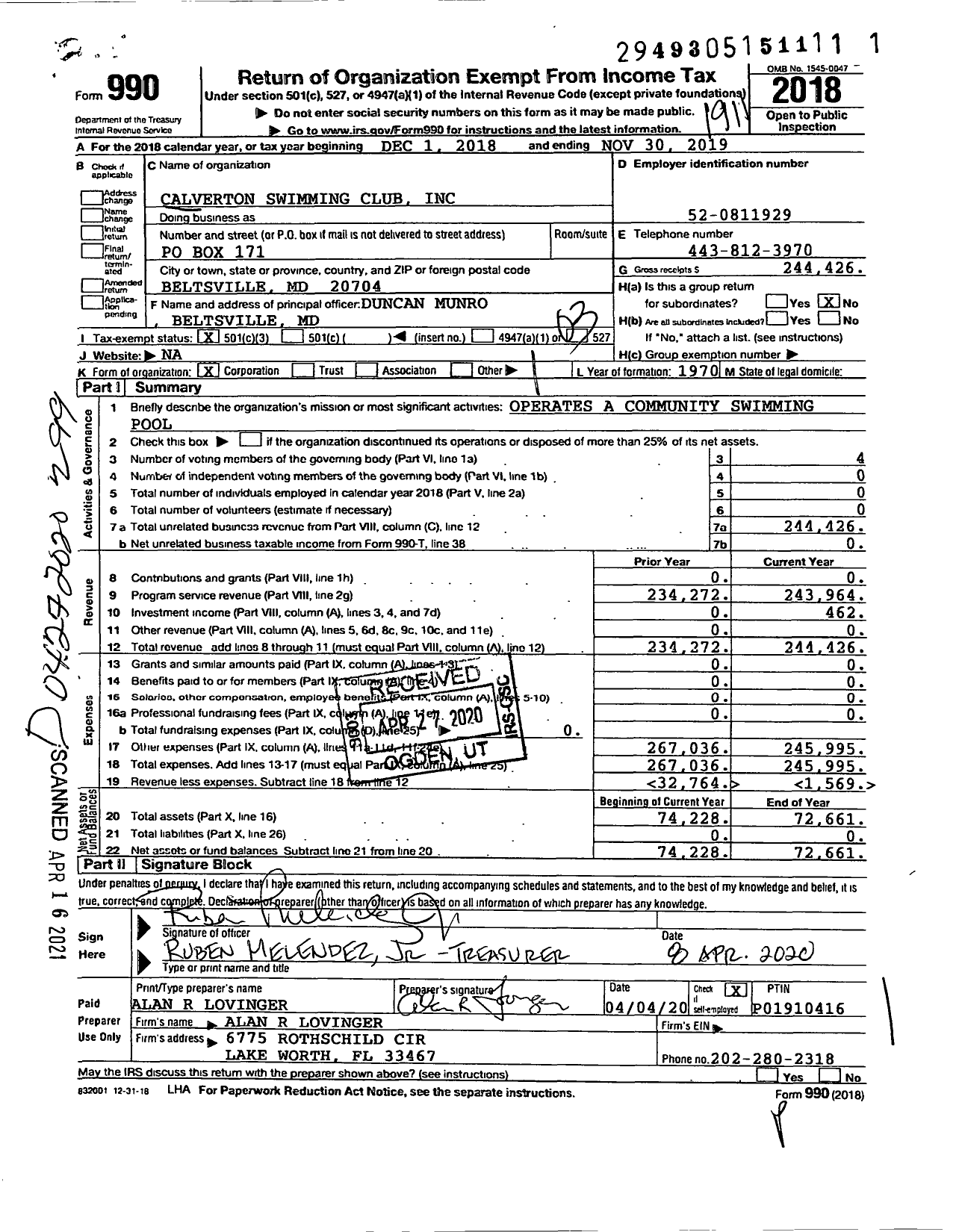 Image of first page of 2018 Form 990 for Calverton Swimming Club