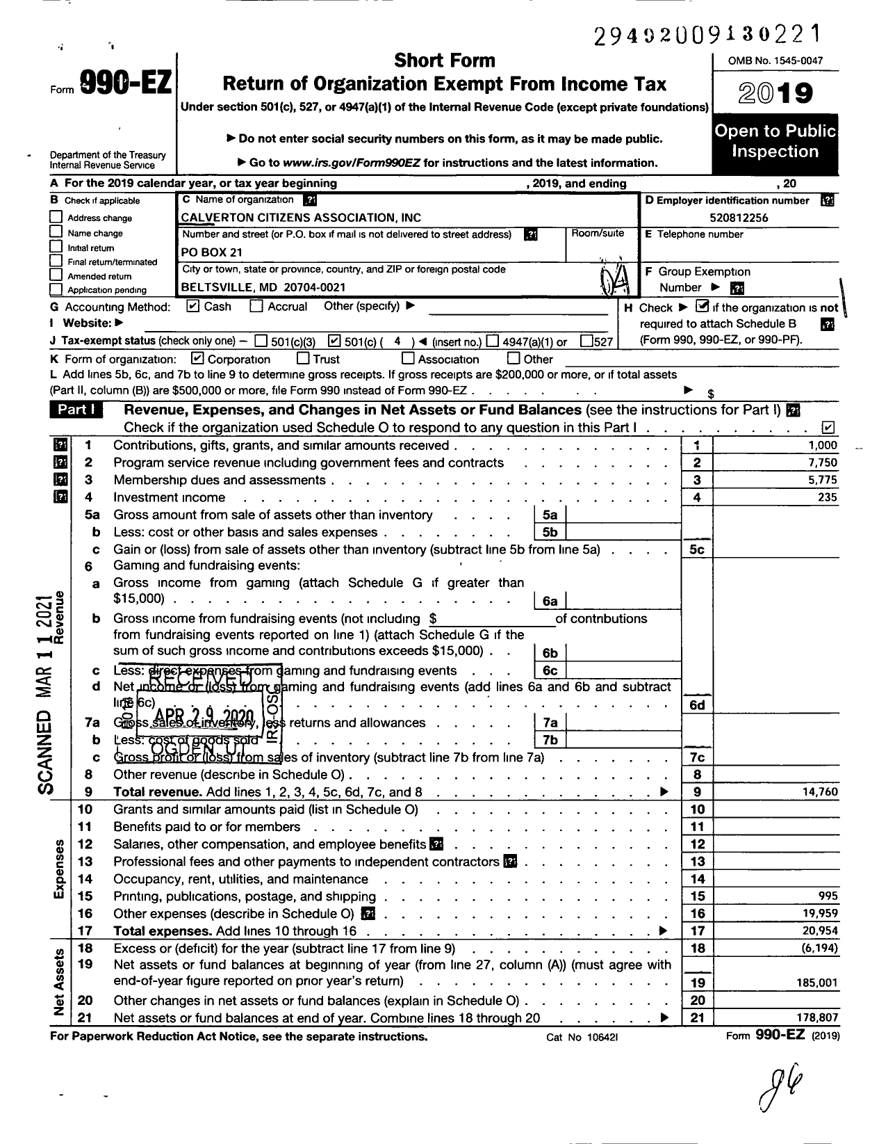 Image of first page of 2019 Form 990EO for Calverton Citizens Association