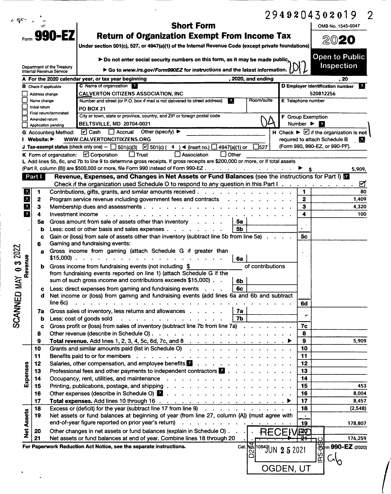 Image of first page of 2020 Form 990EO for Calverton Citizens Association