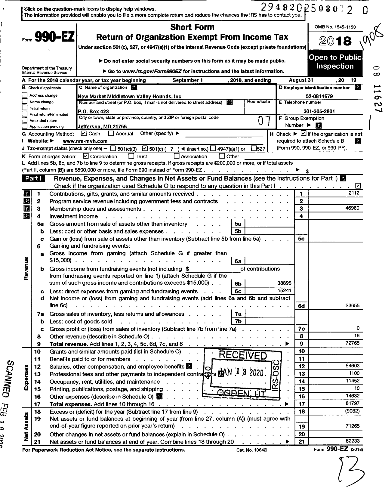 Image of first page of 2018 Form 990EO for New Market Middletown Valley Hounds
