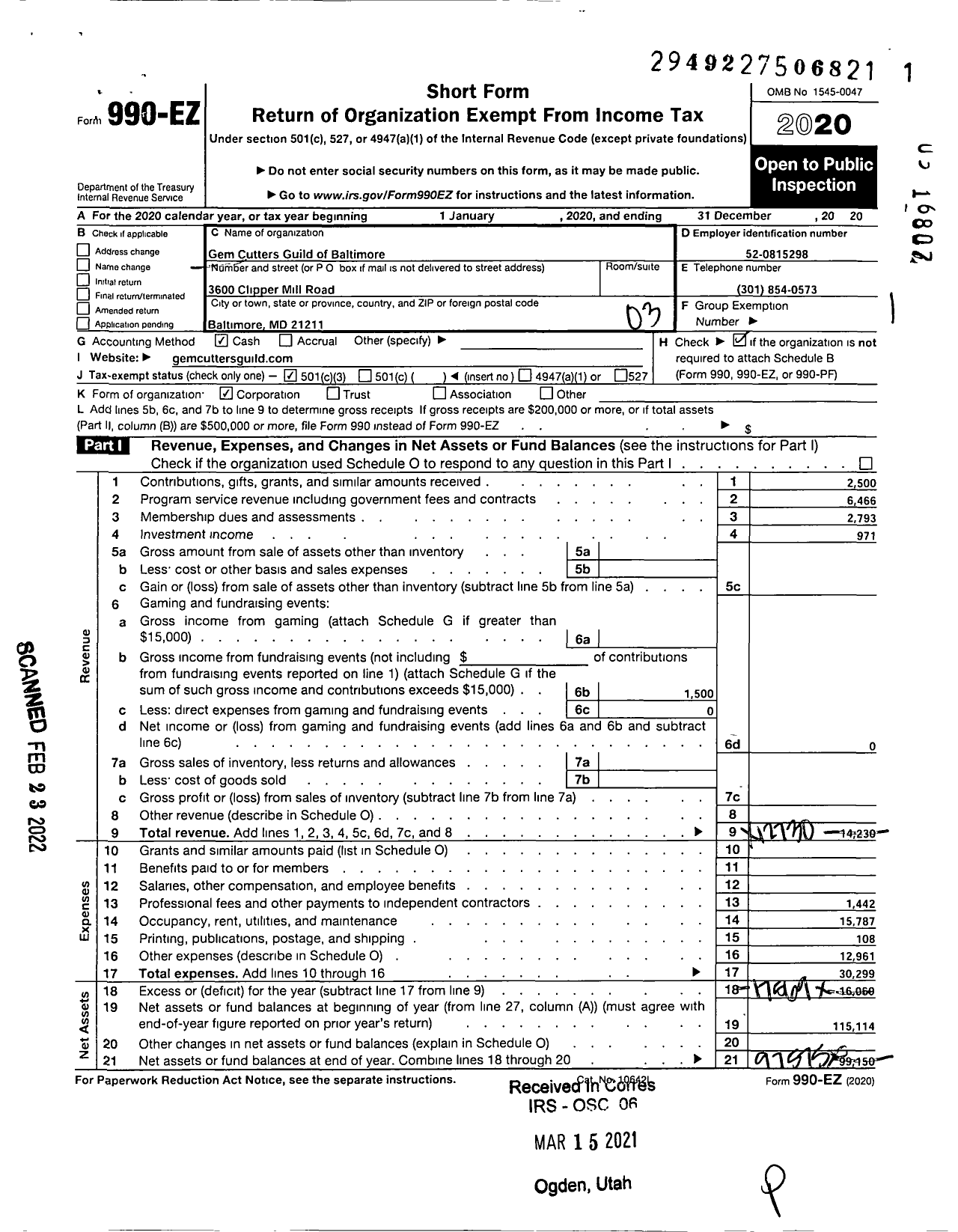 Image of first page of 2020 Form 990EZ for Gem Cutters Guild of Baltimore