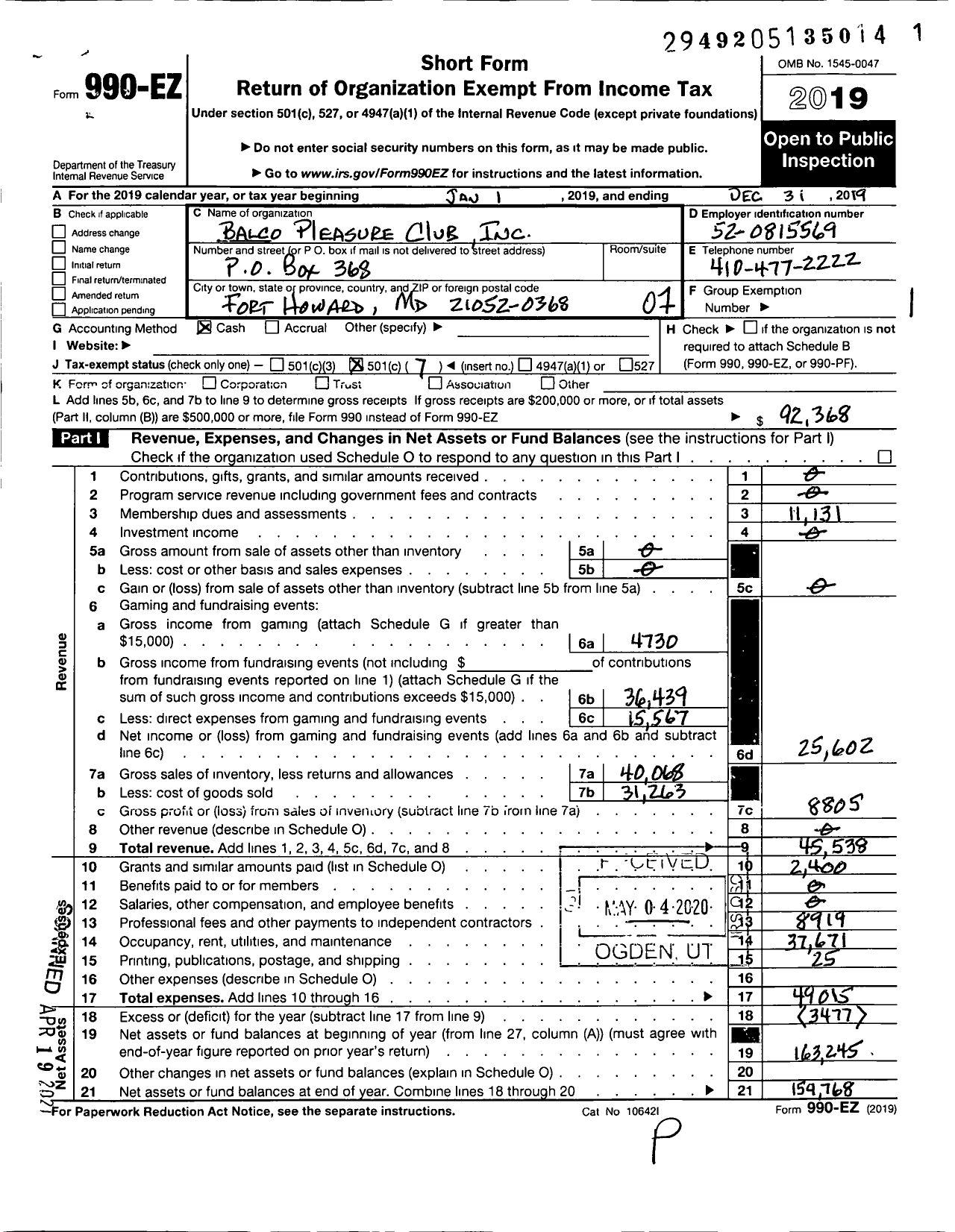 Image of first page of 2019 Form 990EO for Balco Pleasure Club