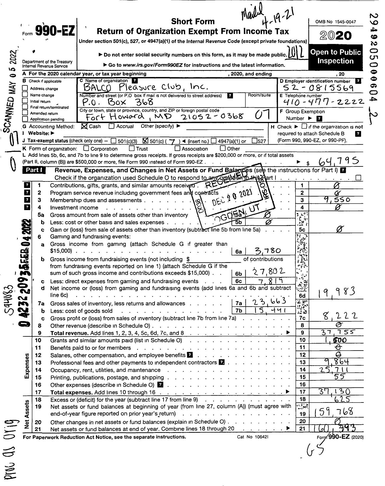 Image of first page of 2020 Form 990EO for Balco Pleasure Club