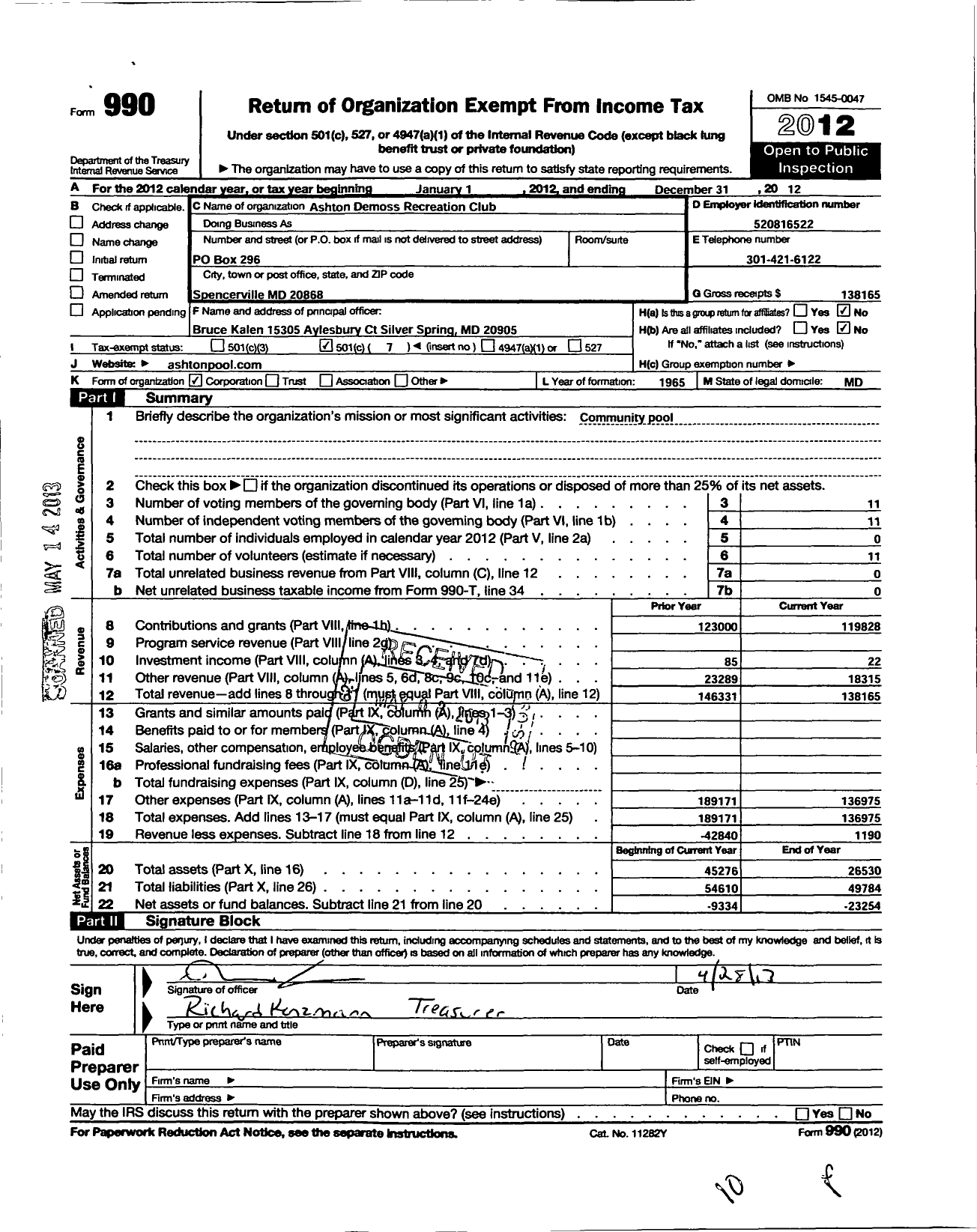 Image of first page of 2012 Form 990O for Ashton Demoss Recreation Club