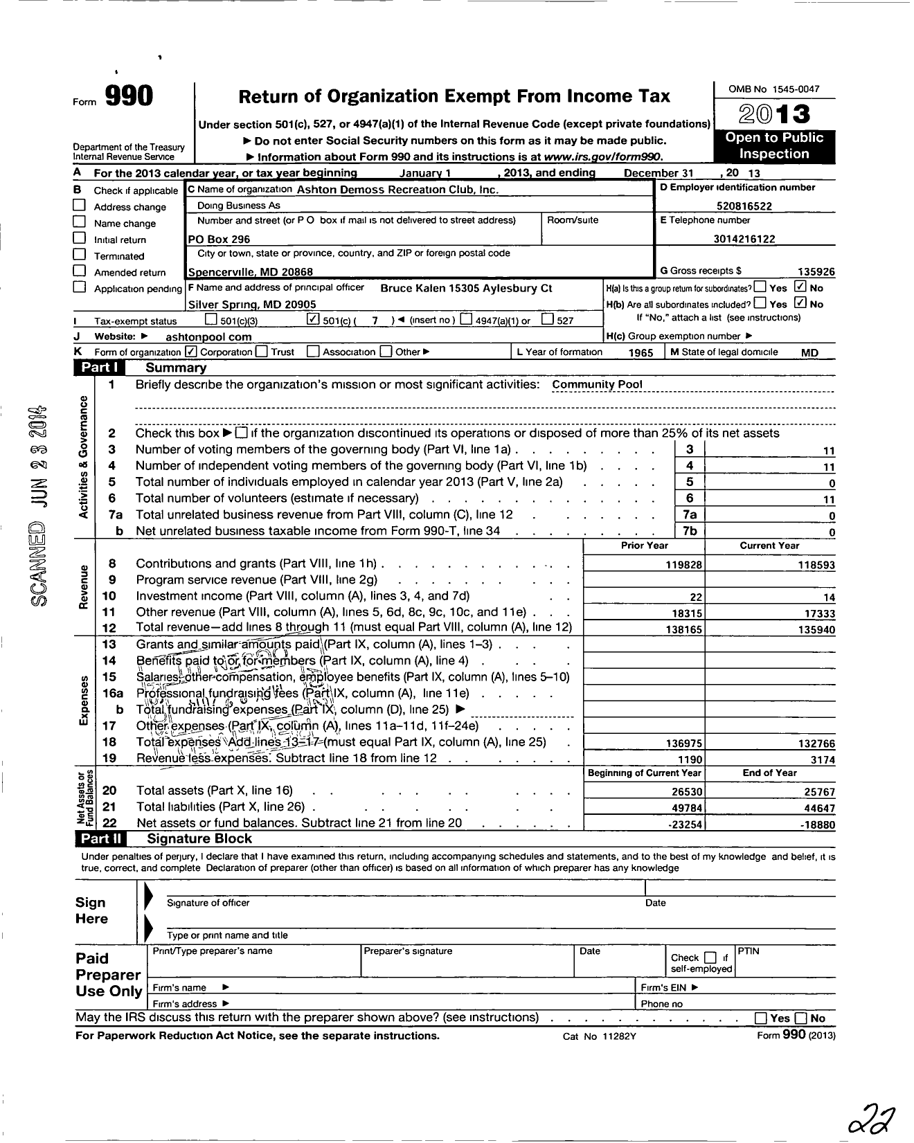 Image of first page of 2013 Form 990O for Ashton Demoss Recreation Club