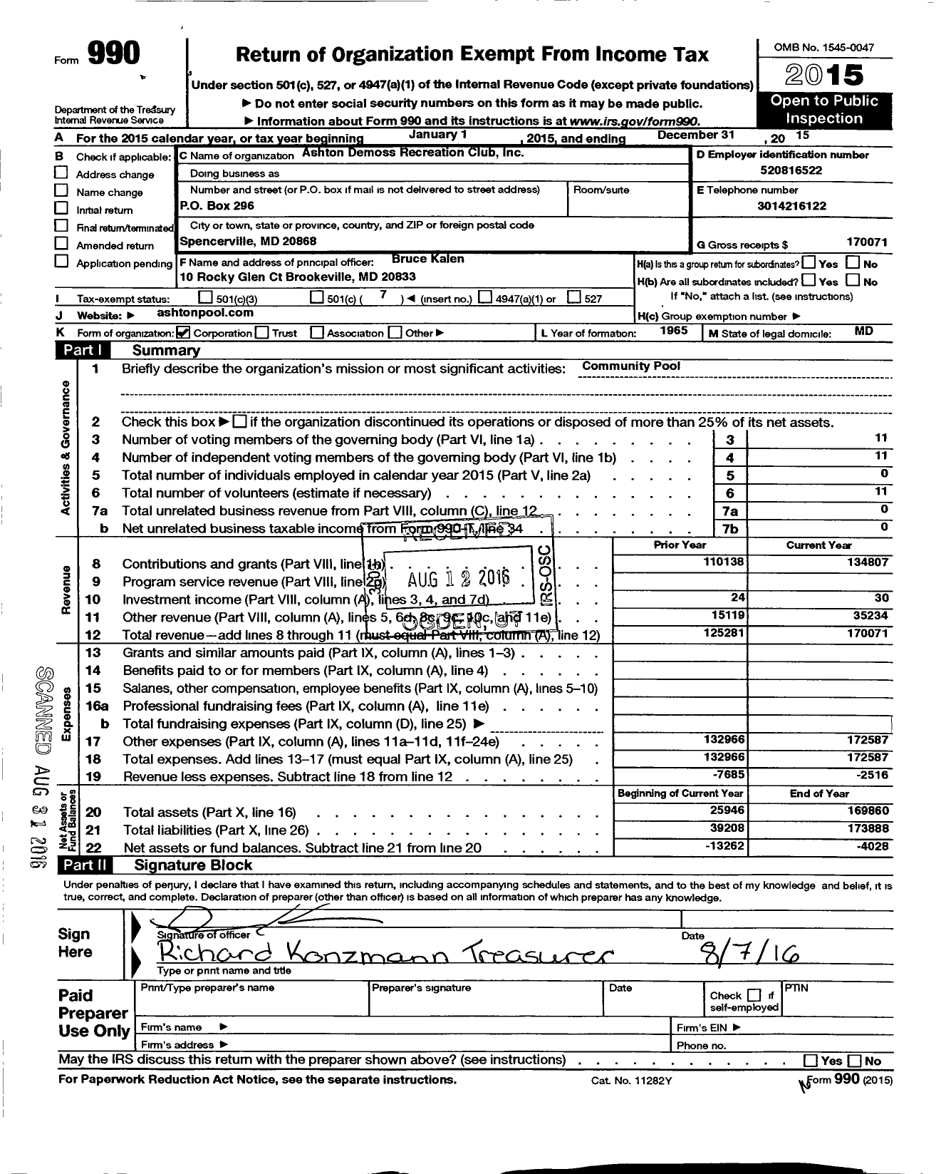 Image of first page of 2015 Form 990O for Ashton Demoss Recreation Club