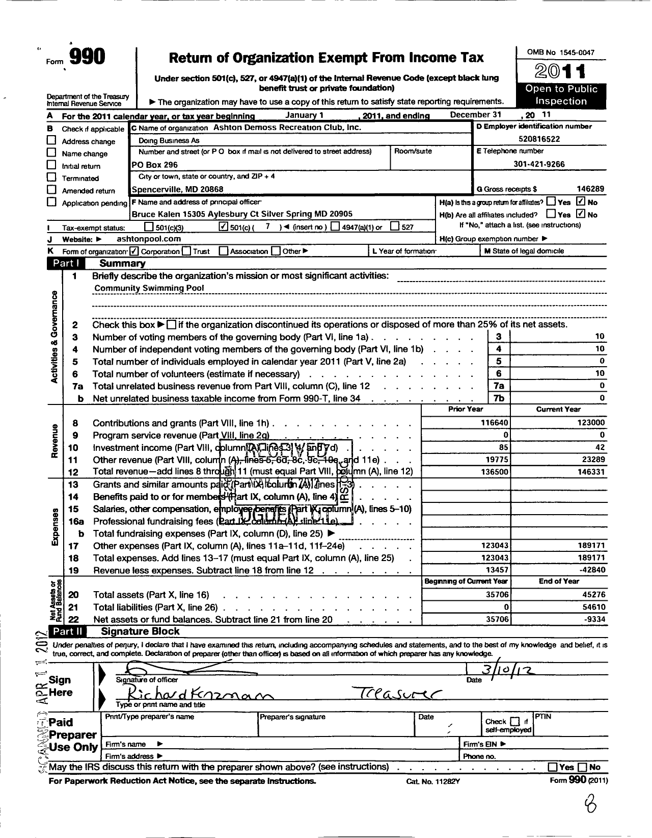 Image of first page of 2011 Form 990O for Ashton Demoss Recreation Club