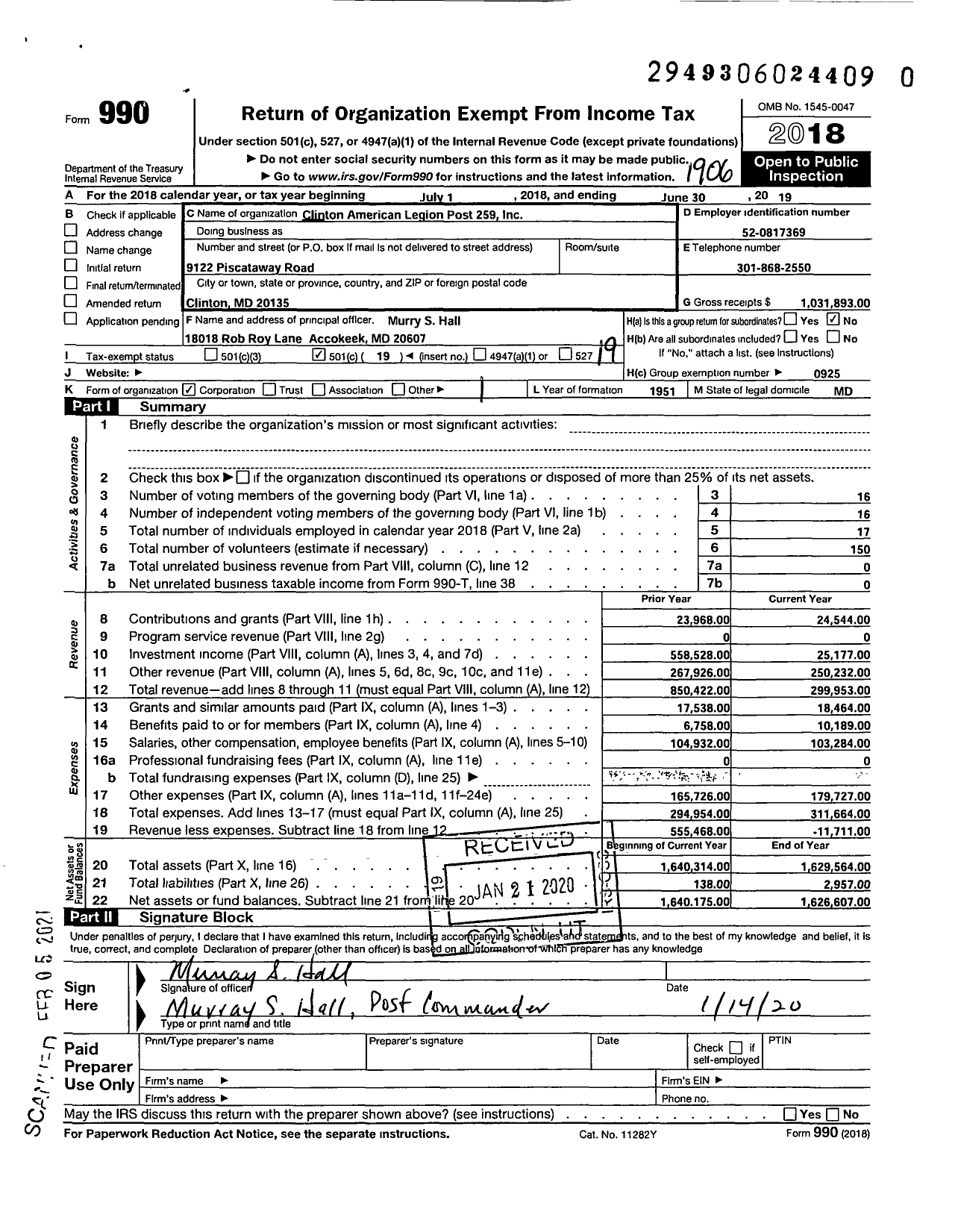 Image of first page of 2018 Form 990O for American Legion - 259 Clinton