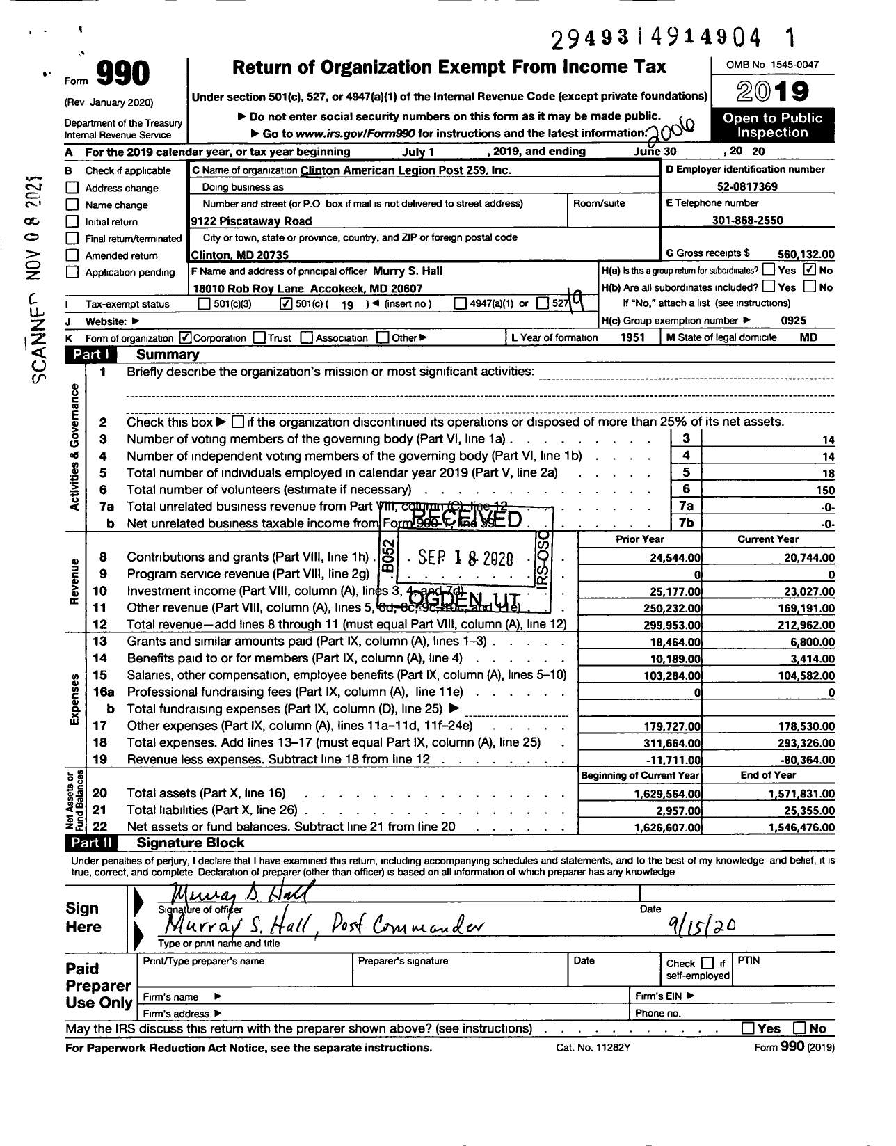 Image of first page of 2019 Form 990O for American Legion - 259 Clinton