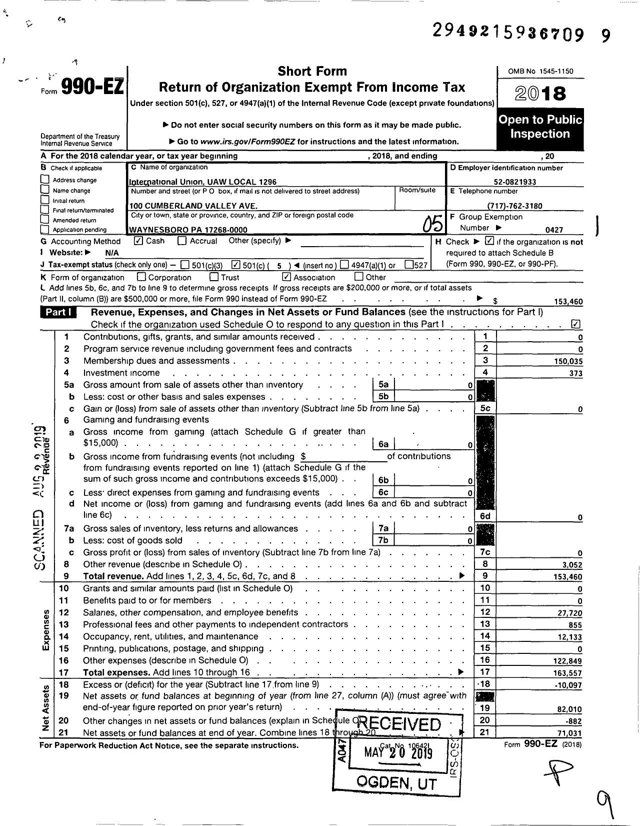 Image of first page of 2018 Form 990EO for UAW - 1296 Local 8 Region