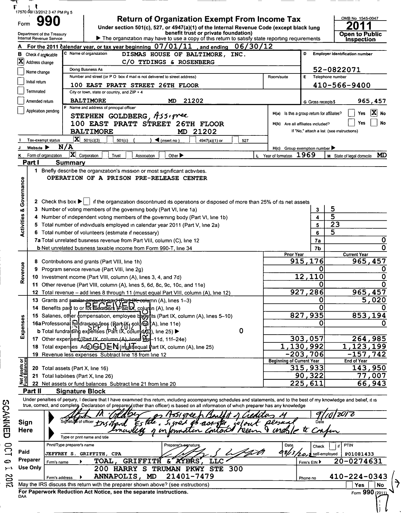 Image of first page of 2011 Form 990 for Dismas House Baltimore