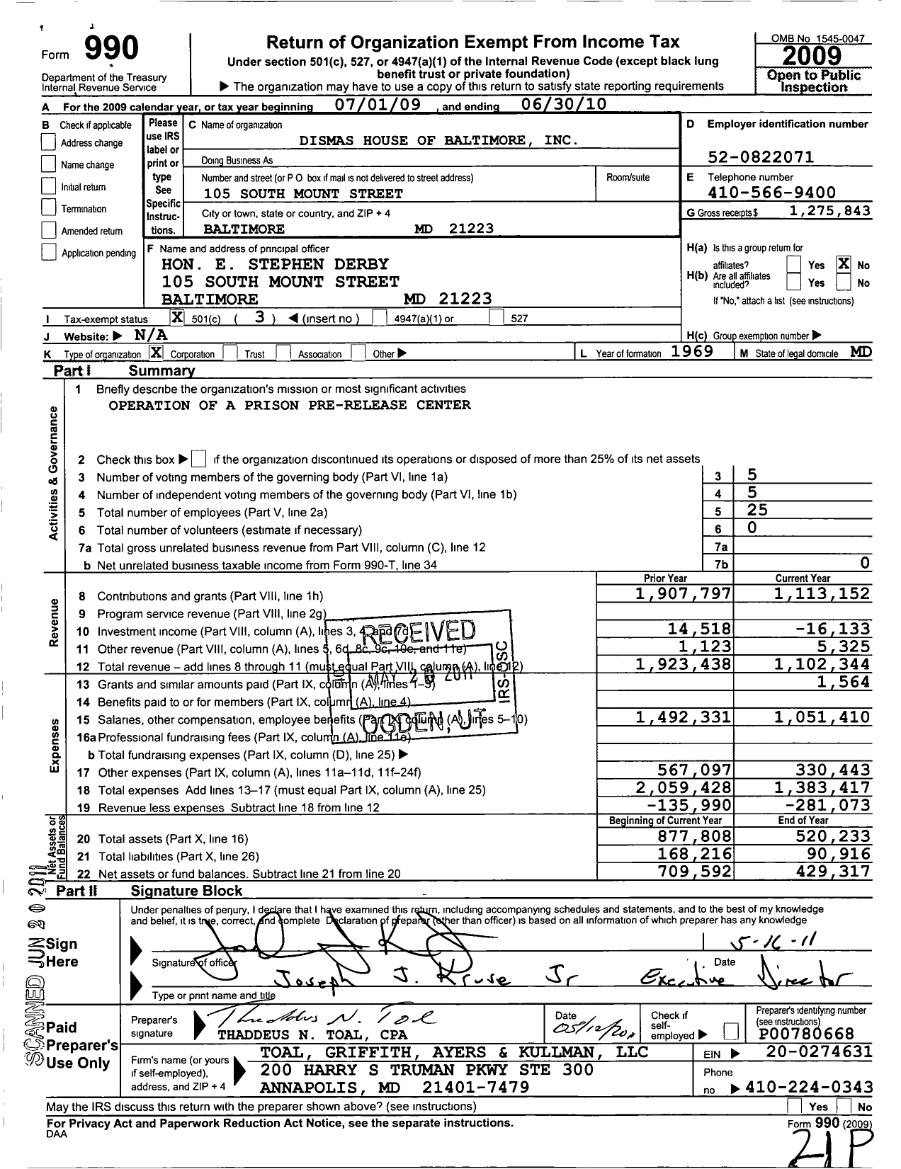 Image of first page of 2009 Form 990 for Dismas House Baltimore