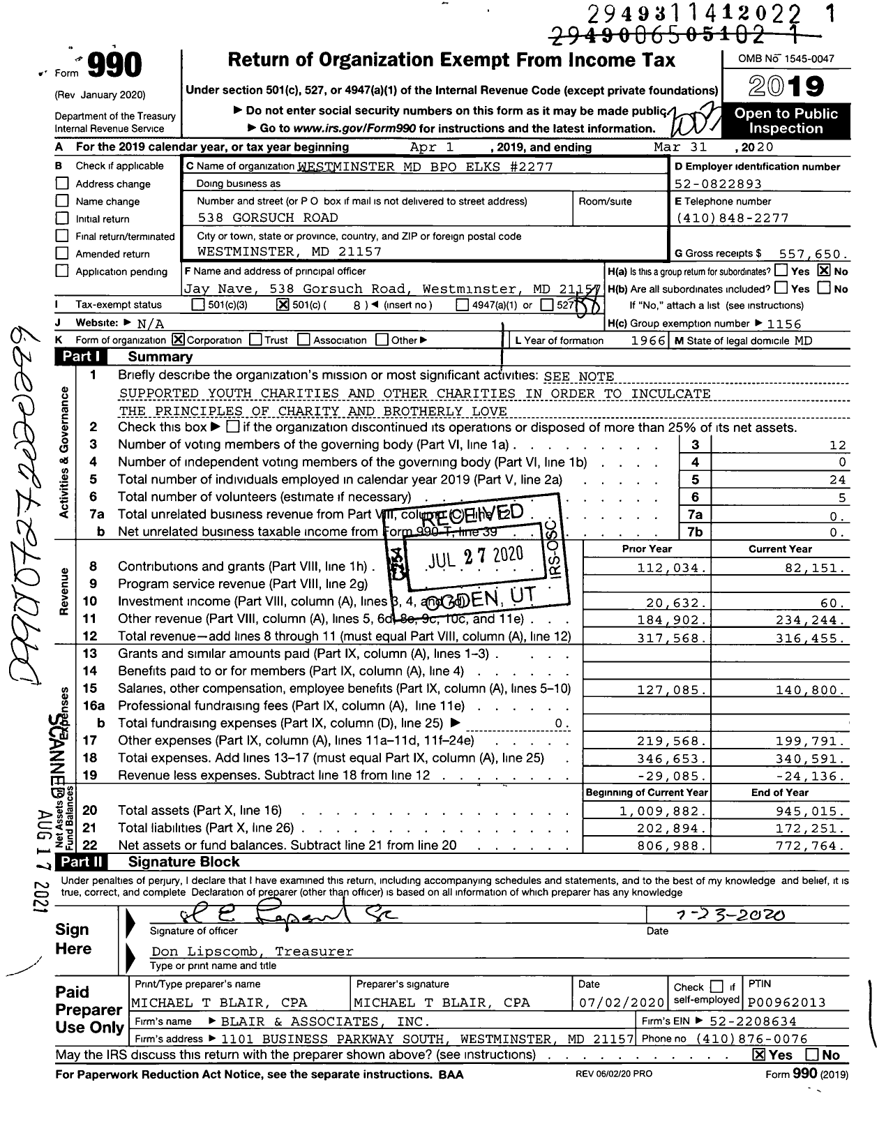 Image of first page of 2019 Form 990O for Benevolent and Protective Order of Elks - 2277 Westminster