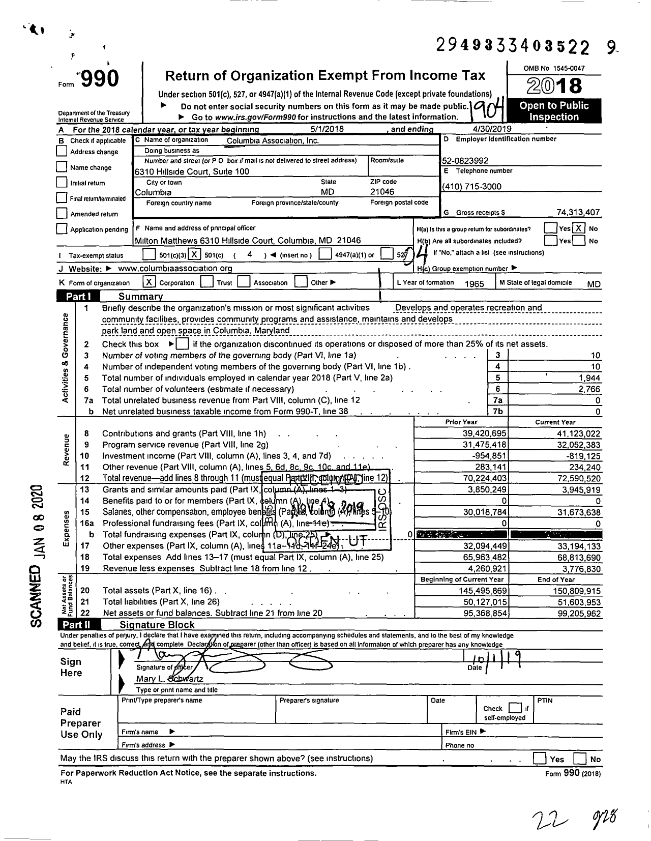 Image of first page of 2018 Form 990O for Columbia Association