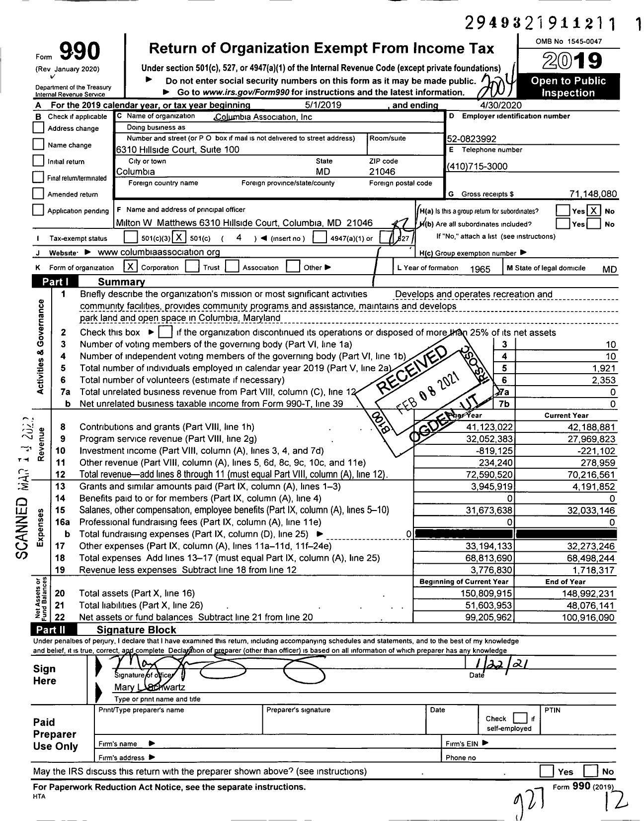 Image of first page of 2019 Form 990O for Columbia Association