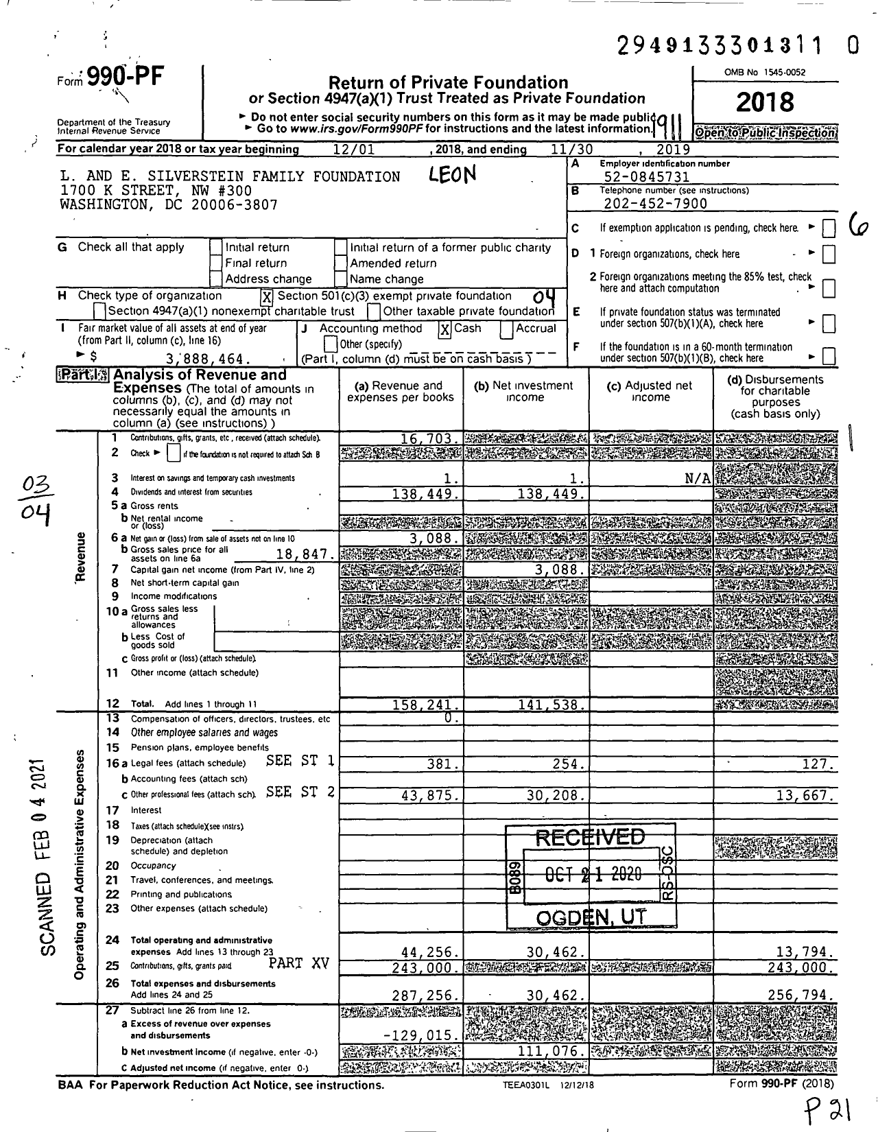 Image of first page of 2018 Form 990PF for The Leonard and Elaine Silverstein Foundation