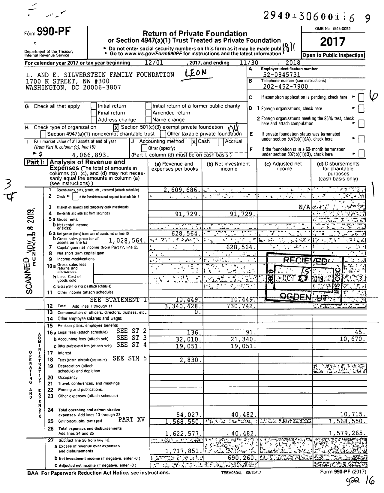 Image of first page of 2017 Form 990PF for The Leonard and Elaine Silverstein Foundation