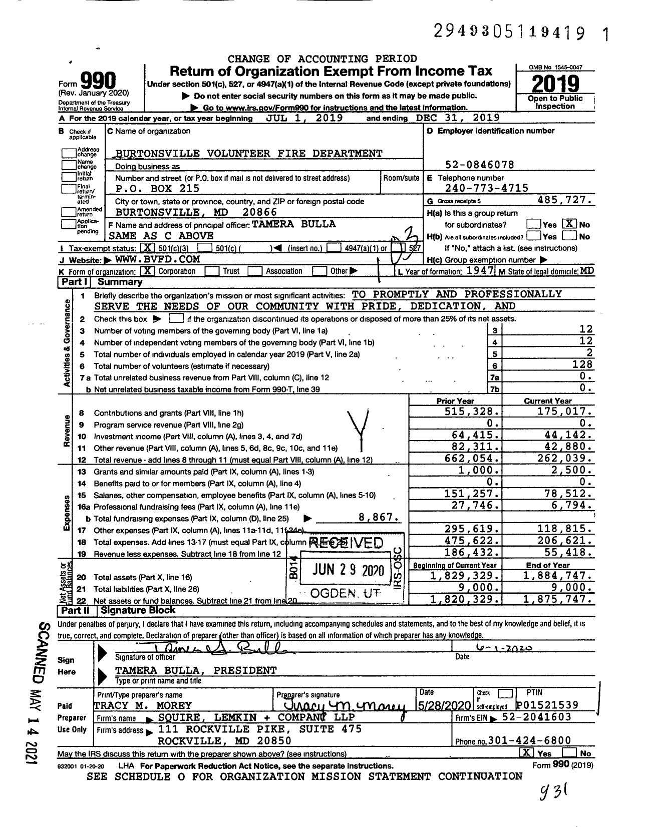 Image of first page of 2019 Form 990 for Burtonsville Volunteer Fire Department