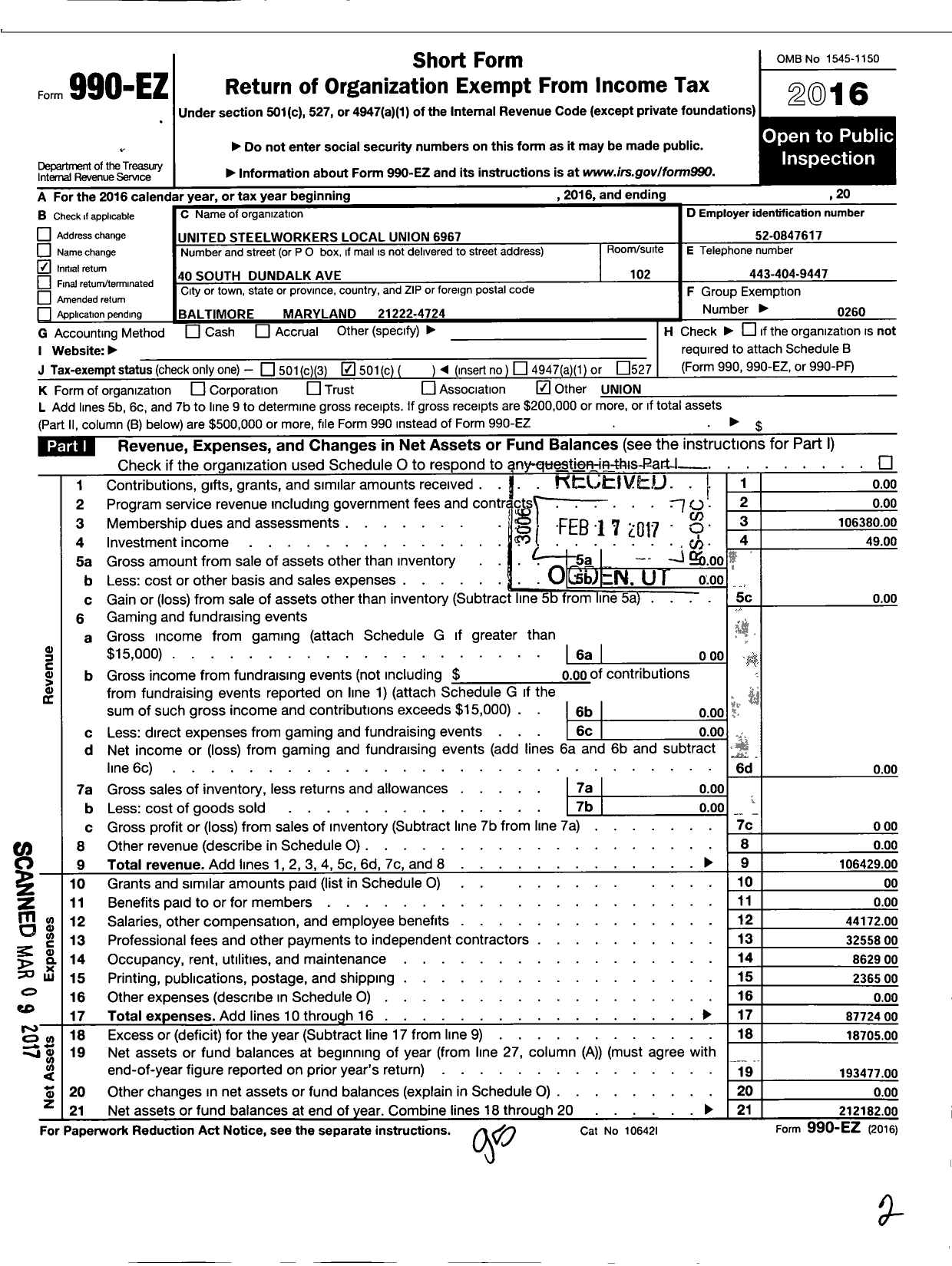 Image of first page of 2016 Form 990EO for United Steelworkers - 06967 Local