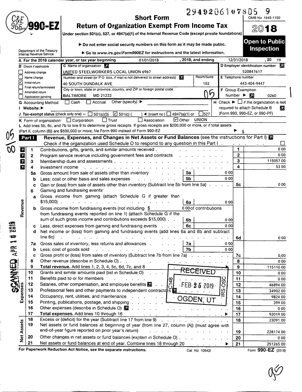 Image of first page of 2018 Form 990EO for United Steelworkers - 06967 Local