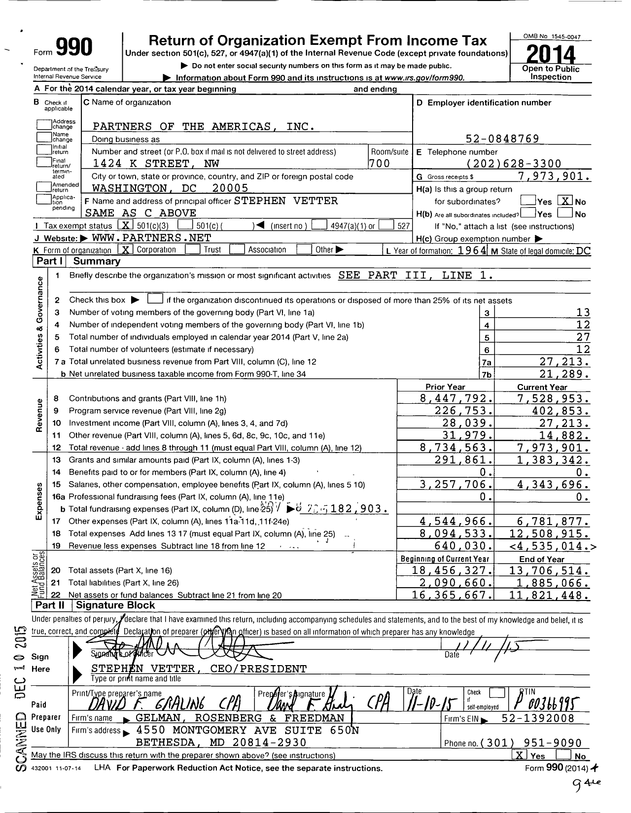 Image of first page of 2014 Form 990 for Partners of the Americas