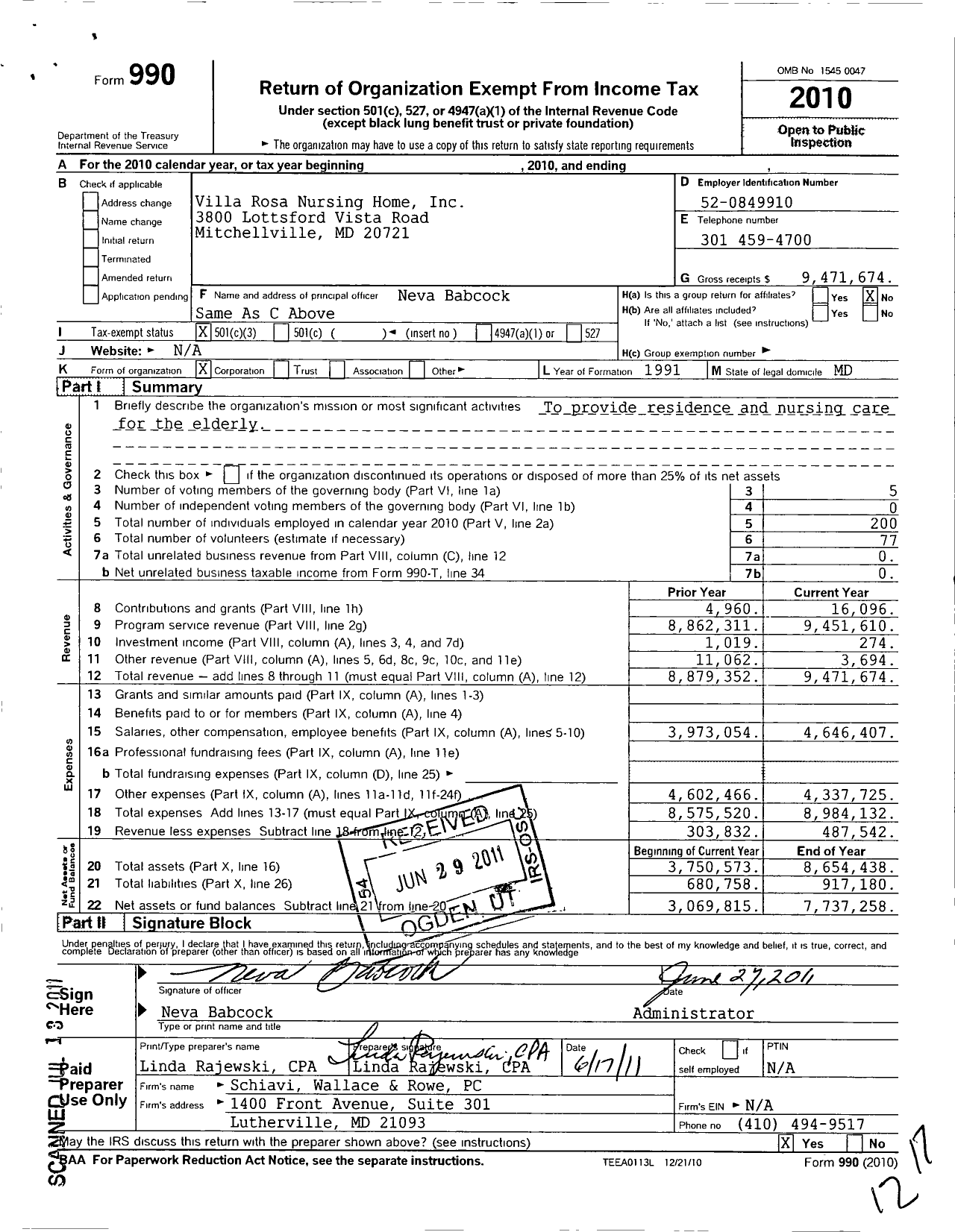 Image of first page of 2010 Form 990 for Villa Rosa Nursing Home