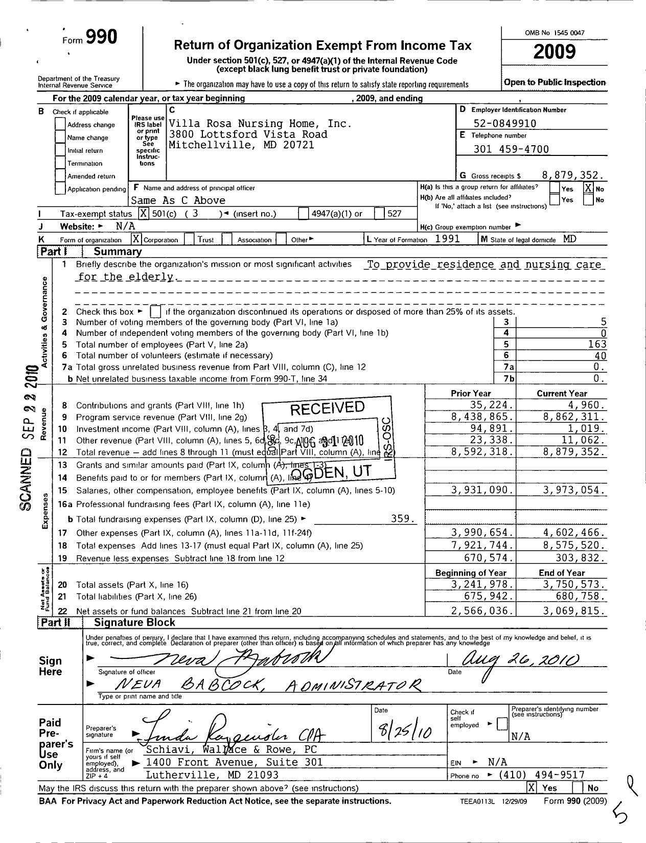 Image of first page of 2009 Form 990 for Villa Rosa Nursing Home