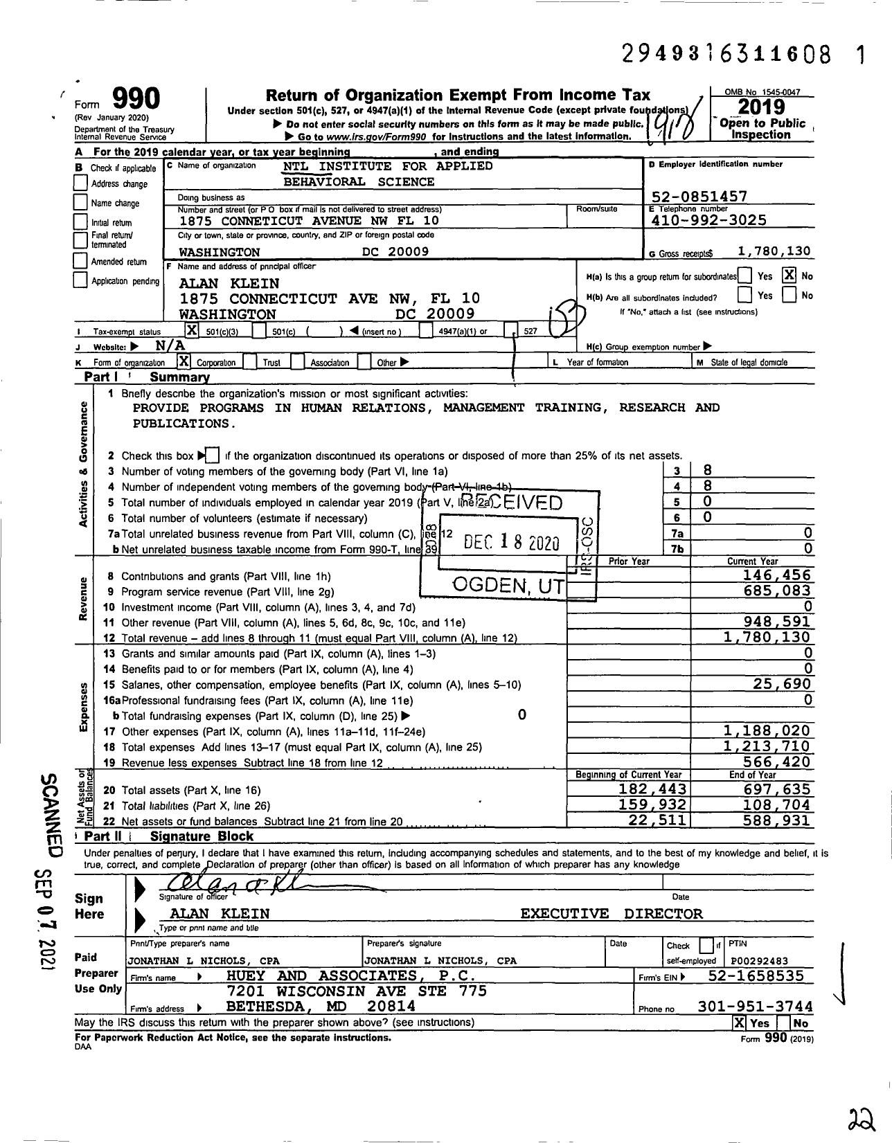 Image of first page of 2019 Form 990 for NTL Institute For Applied Behavioral Science