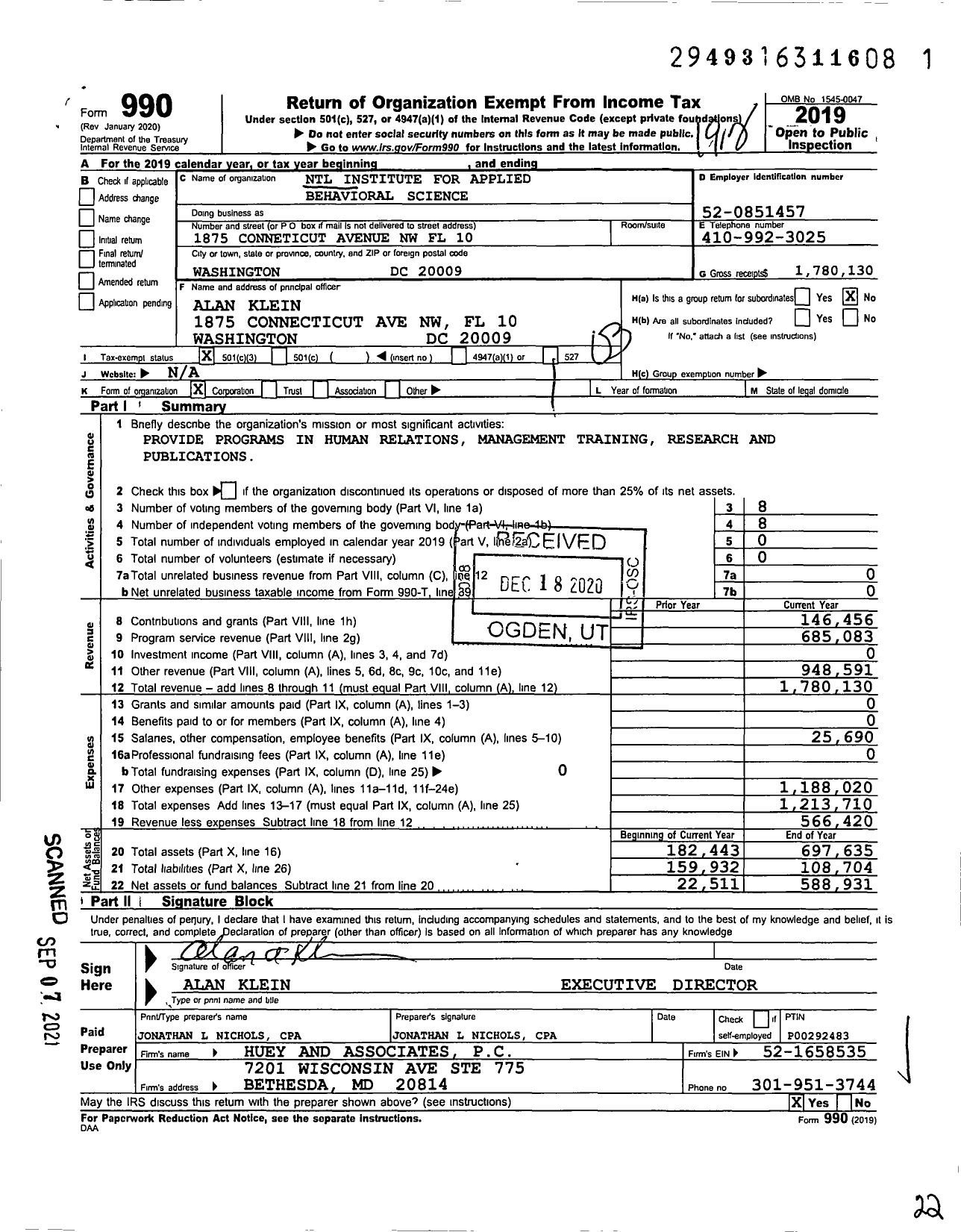 Image of first page of 2019 Form 990 for NTL Institute for Applied Behavioral Science