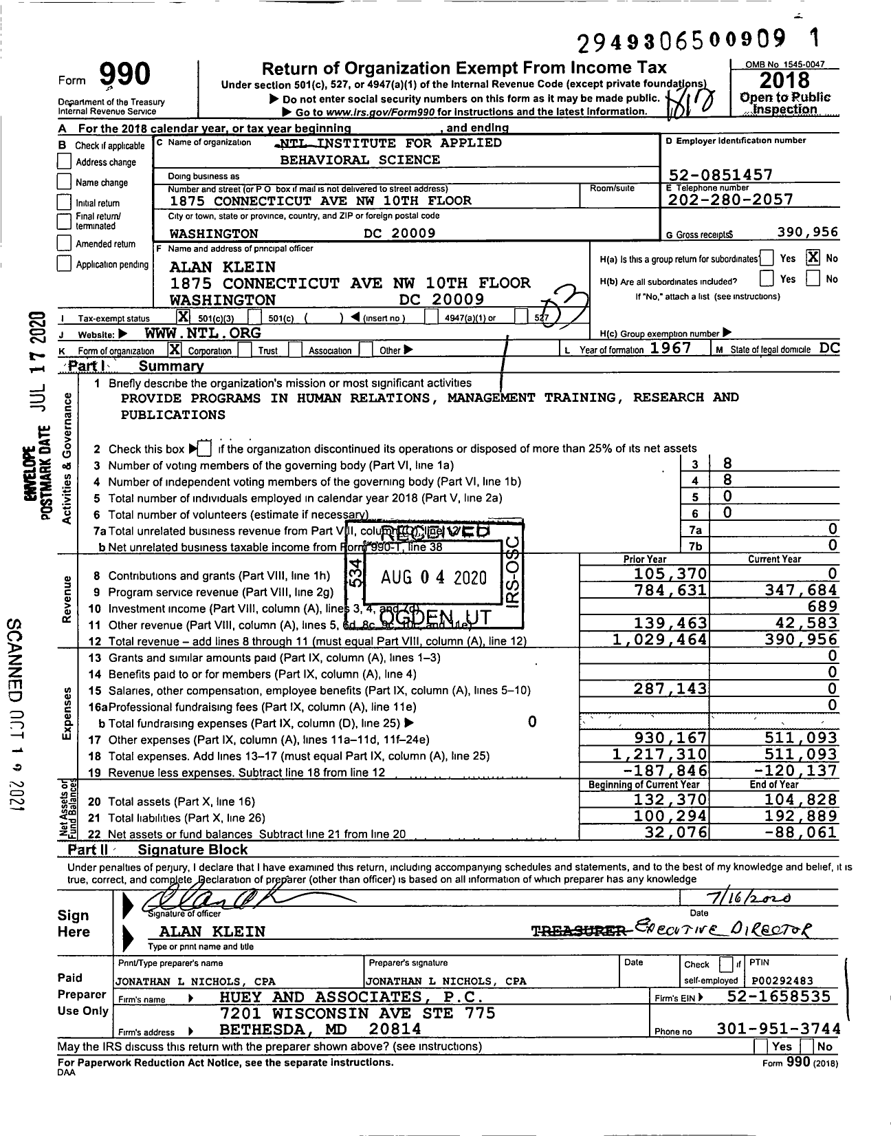 Image of first page of 2018 Form 990 for NTL Institute For Applied Behavioral Science
