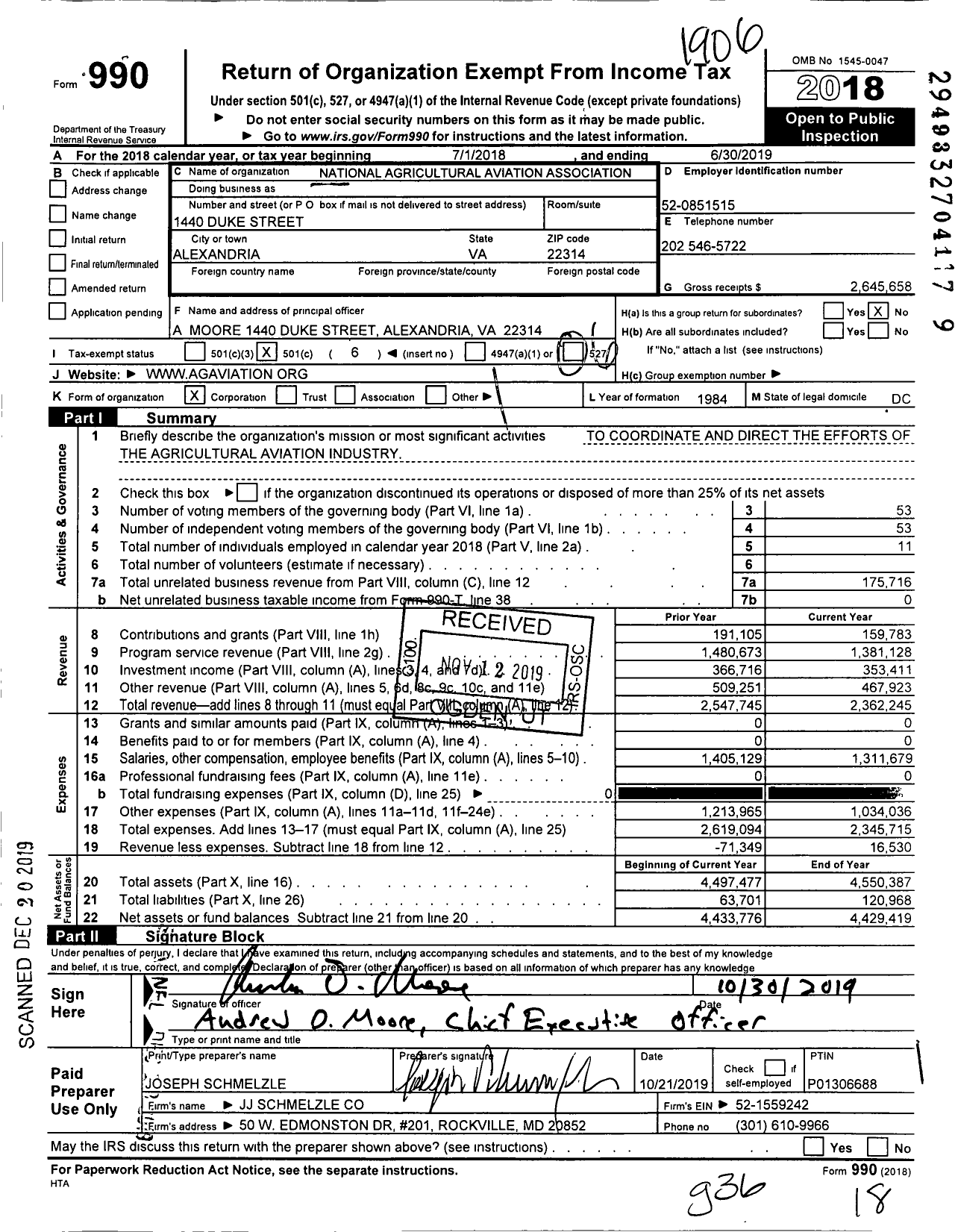 Image of first page of 2018 Form 990O for National Agricultural Aviation Association (NAAA)