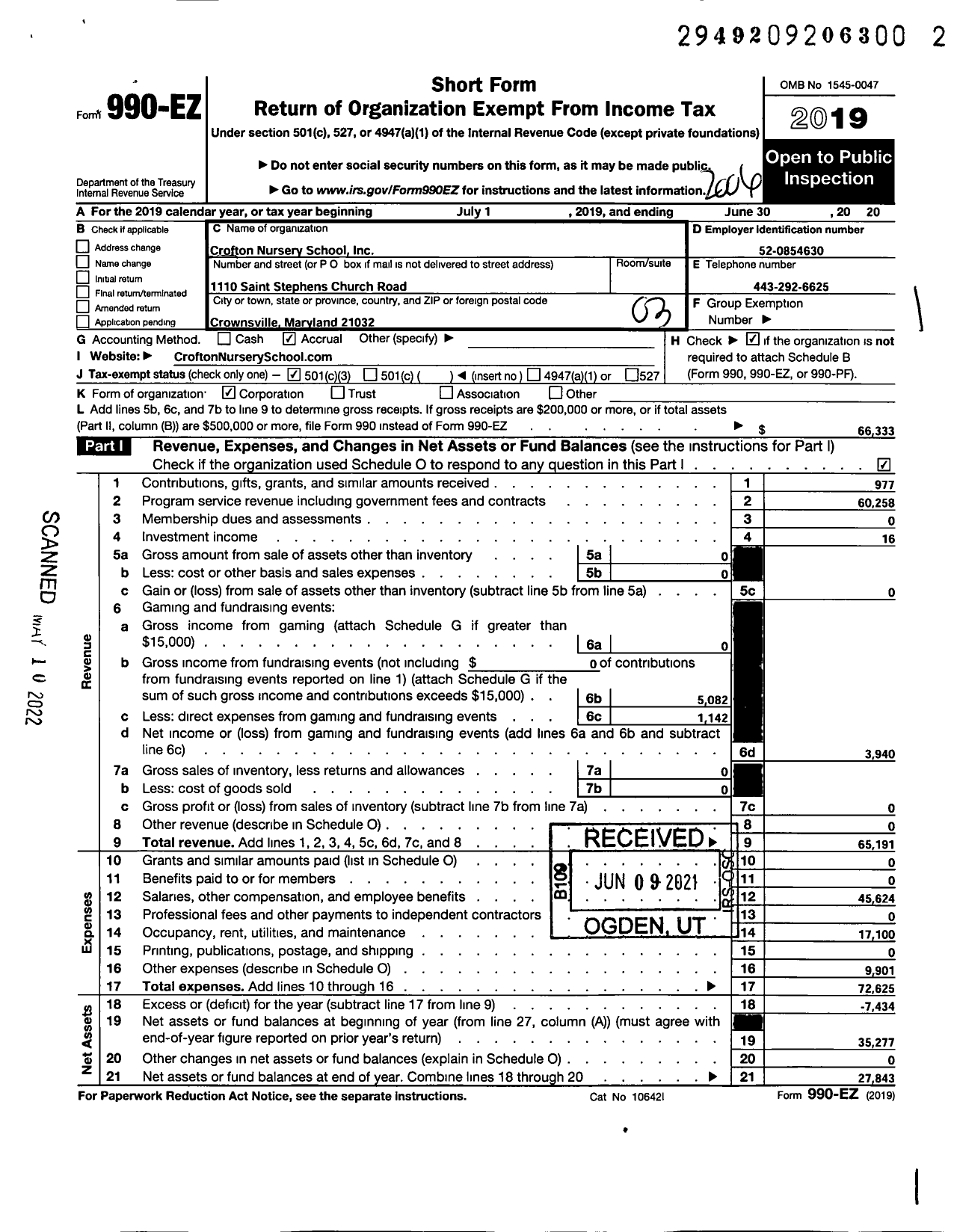 Image of first page of 2019 Form 990EZ for Crofton Nursery School Incorporated