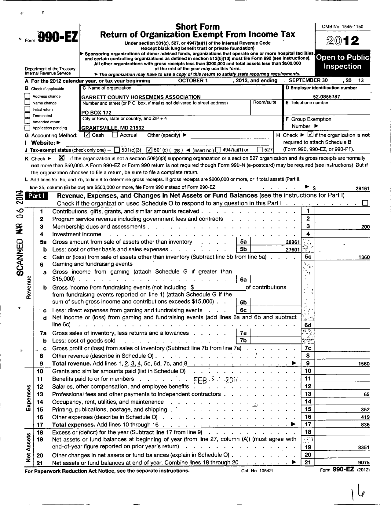 Image of first page of 2012 Form 990EO for Garrett County Horsemens Association