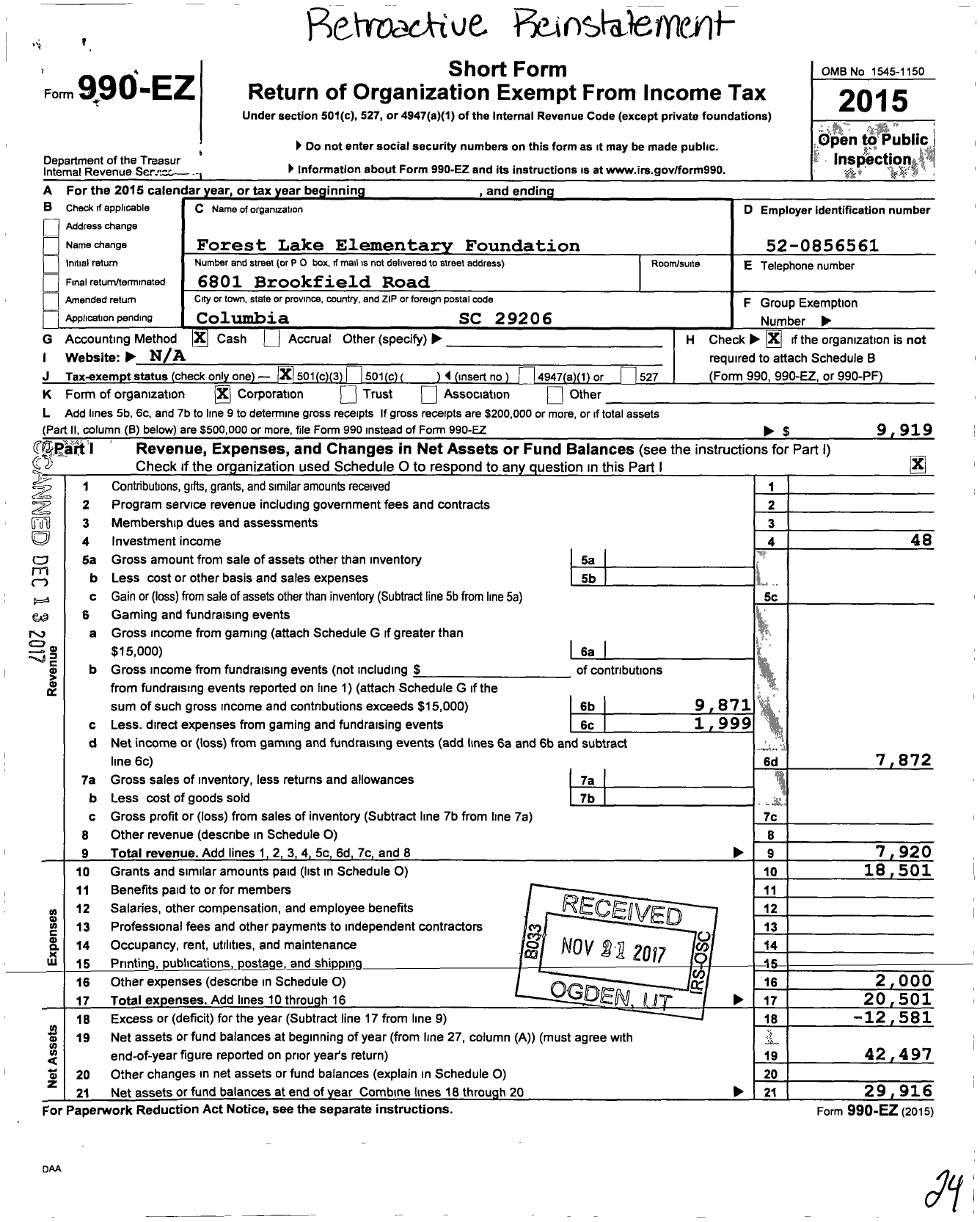 Image of first page of 2015 Form 990EZ for Forest Lake Educational Foundation