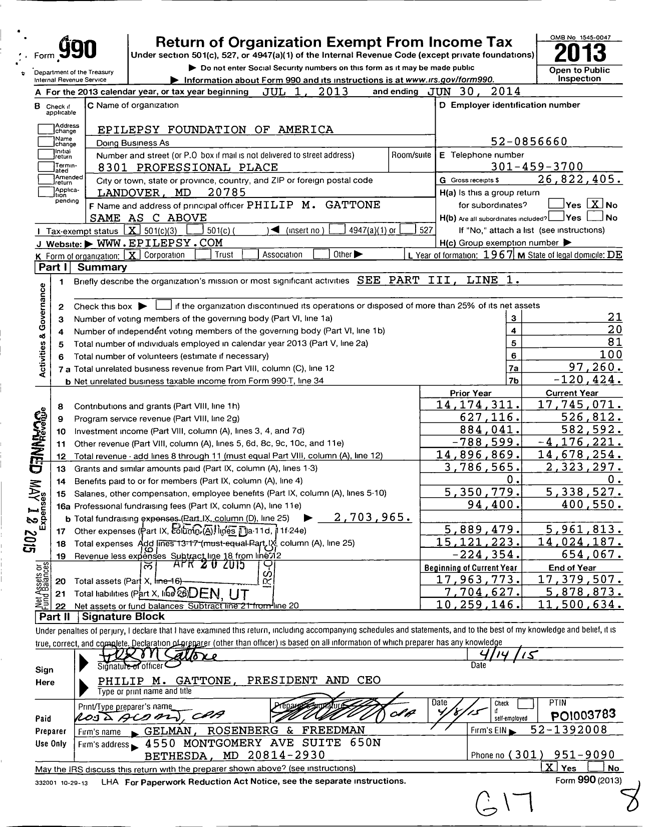 Image of first page of 2013 Form 990 for Epilepsy Foundation