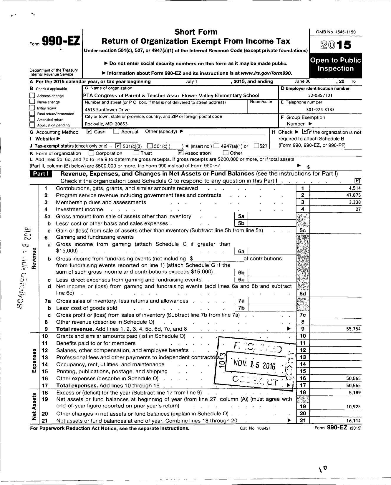 Image of first page of 2015 Form 990EZ for PTA Delaware Congress / Flower Valley Elementary PTA