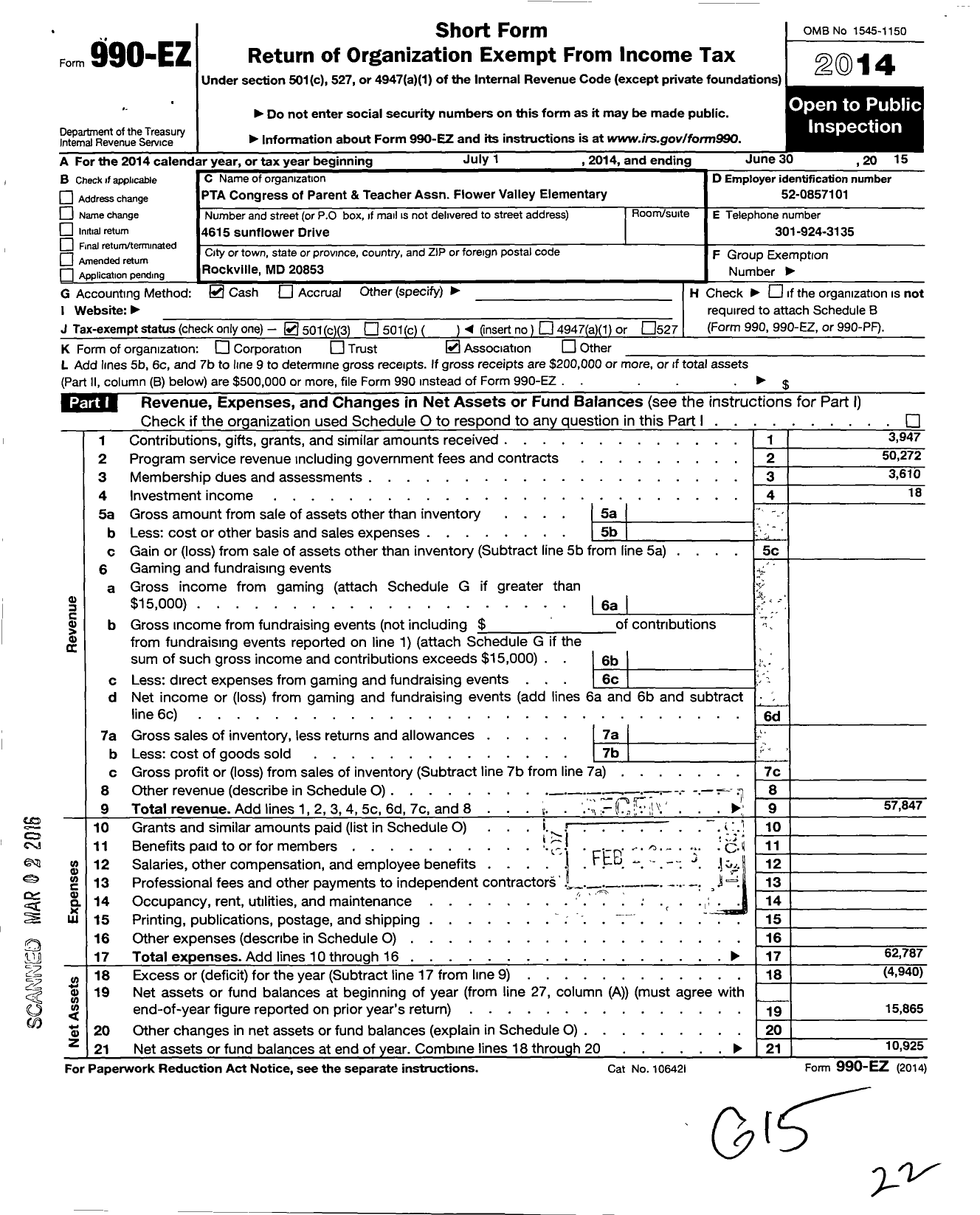 Image of first page of 2014 Form 990EZ for PTA Delaware Congress / Flower Valley Elementary PTA