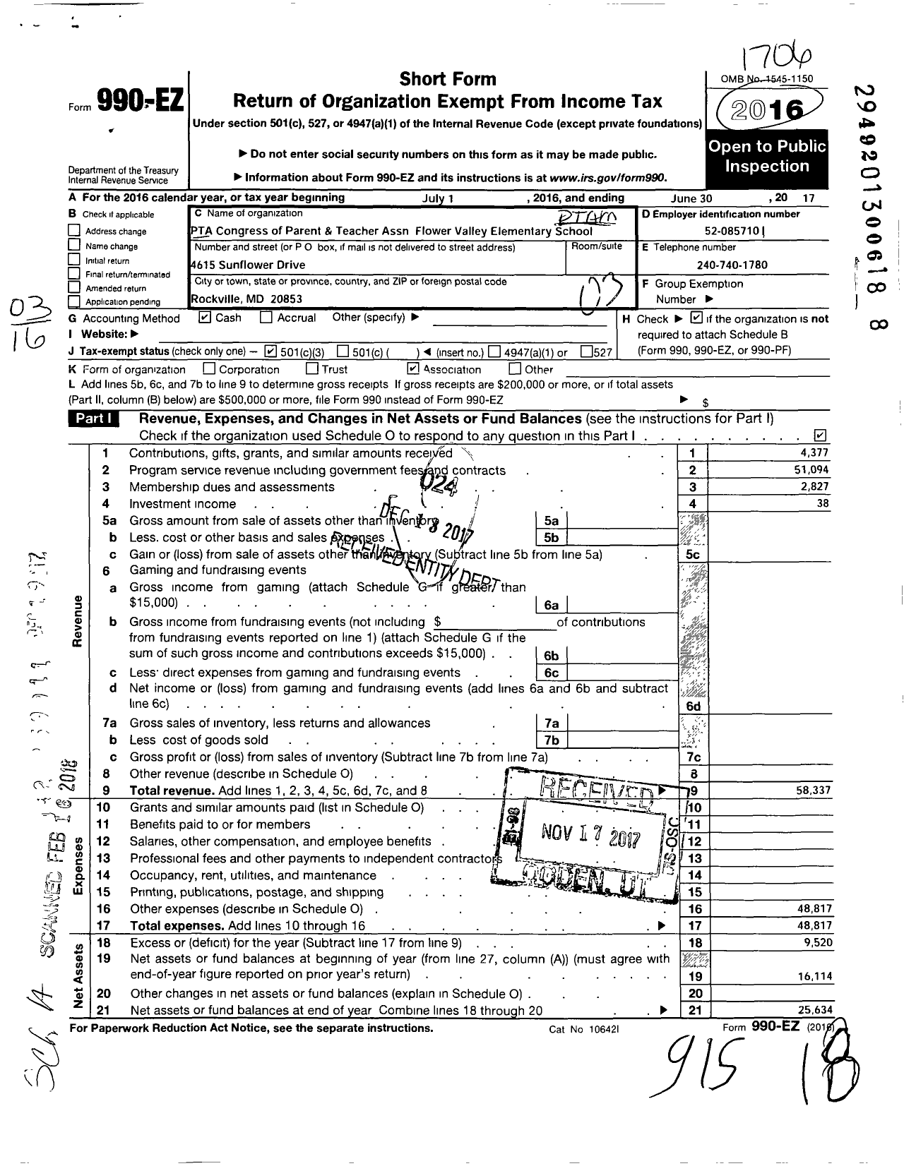 Image of first page of 2016 Form 990EZ for PTA Delaware Congress / Flower Valley Elementary PTA